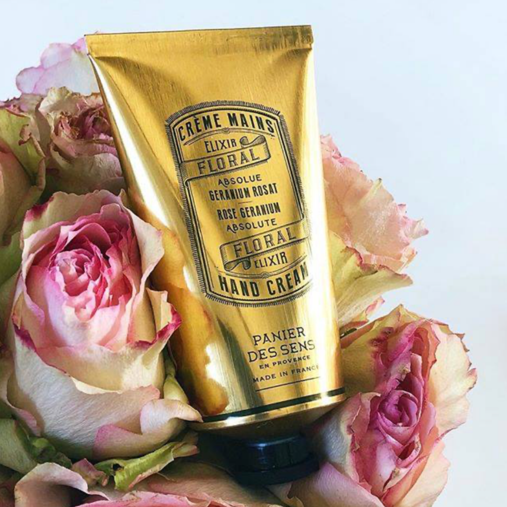 Panier Des Sens Hand Cream 75ml Rose Geranium on diaplay in bouquet of flowers