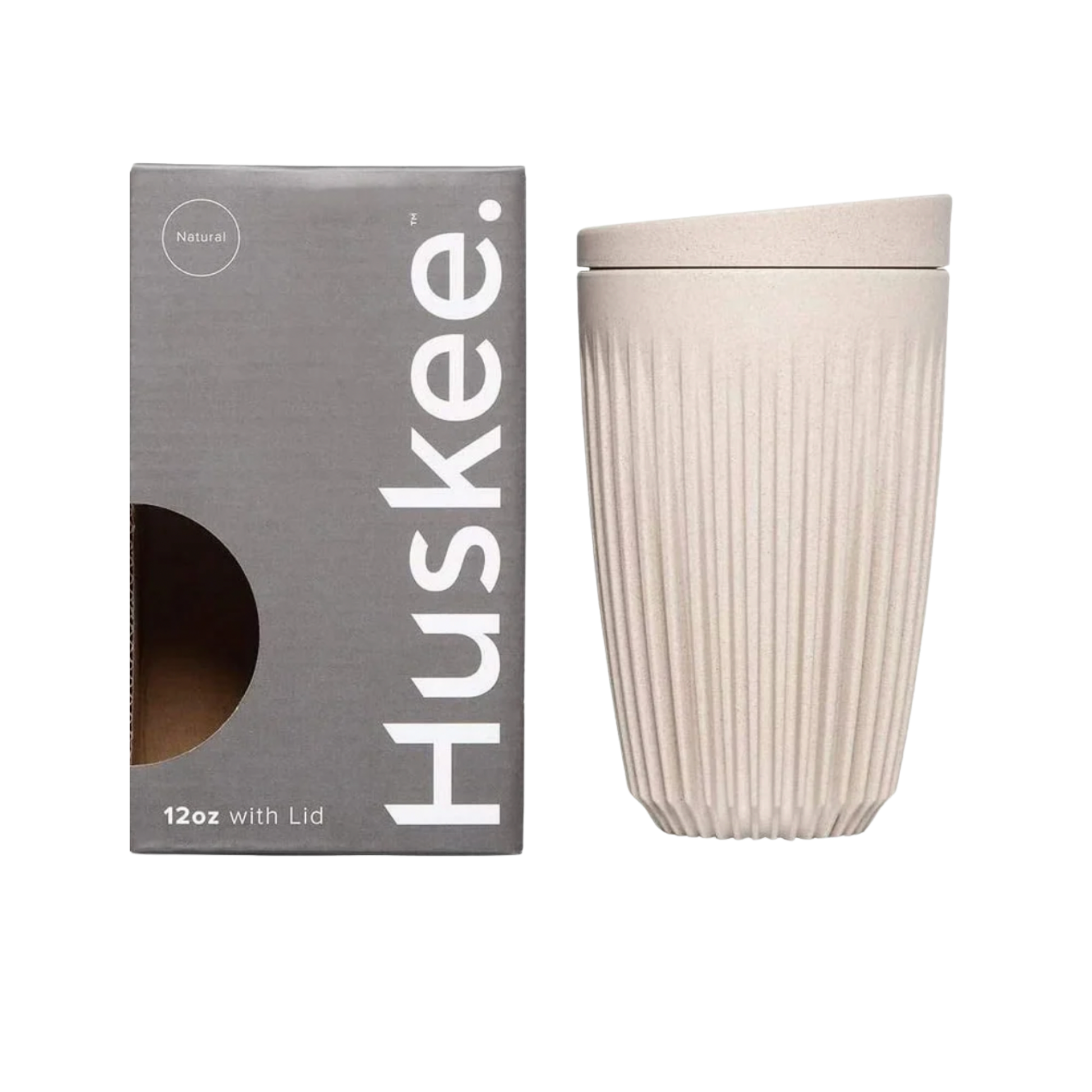HuskeeCup 12oz with Lid Natural next to packaging box
