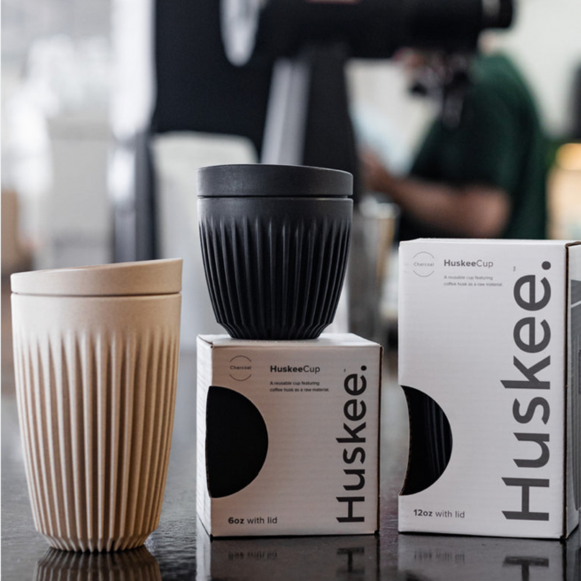 Assorted Huskee resuable coffee cup range with HuskeeCup 12oz with Lid Natural 