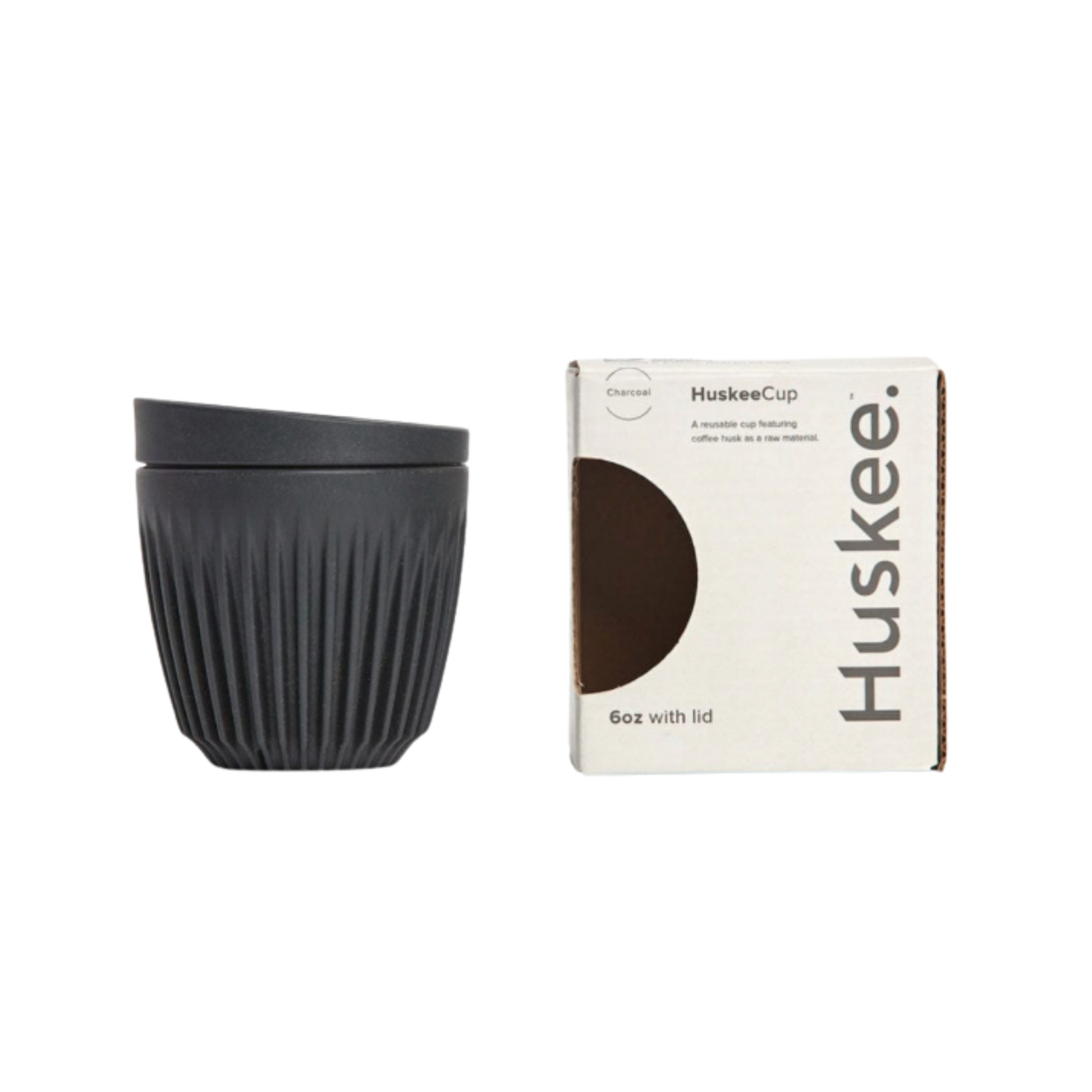 HuskeeCup 6oz with Lid Charcoal next to packaging box