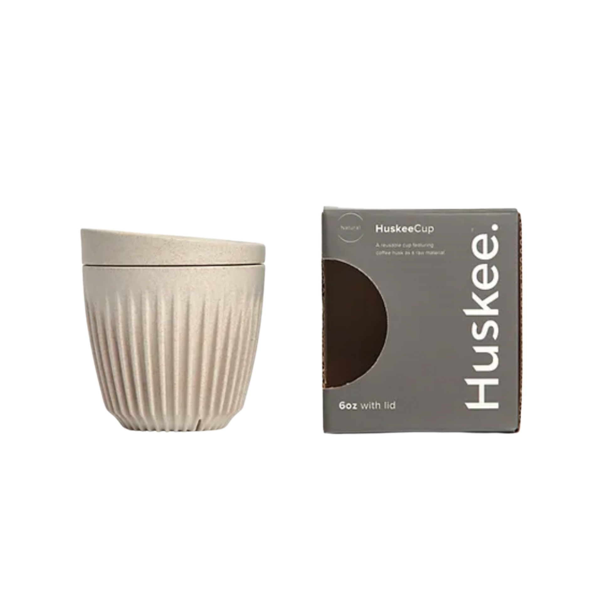 HuskeeCup 6oz with Lid Natural next to packaging box