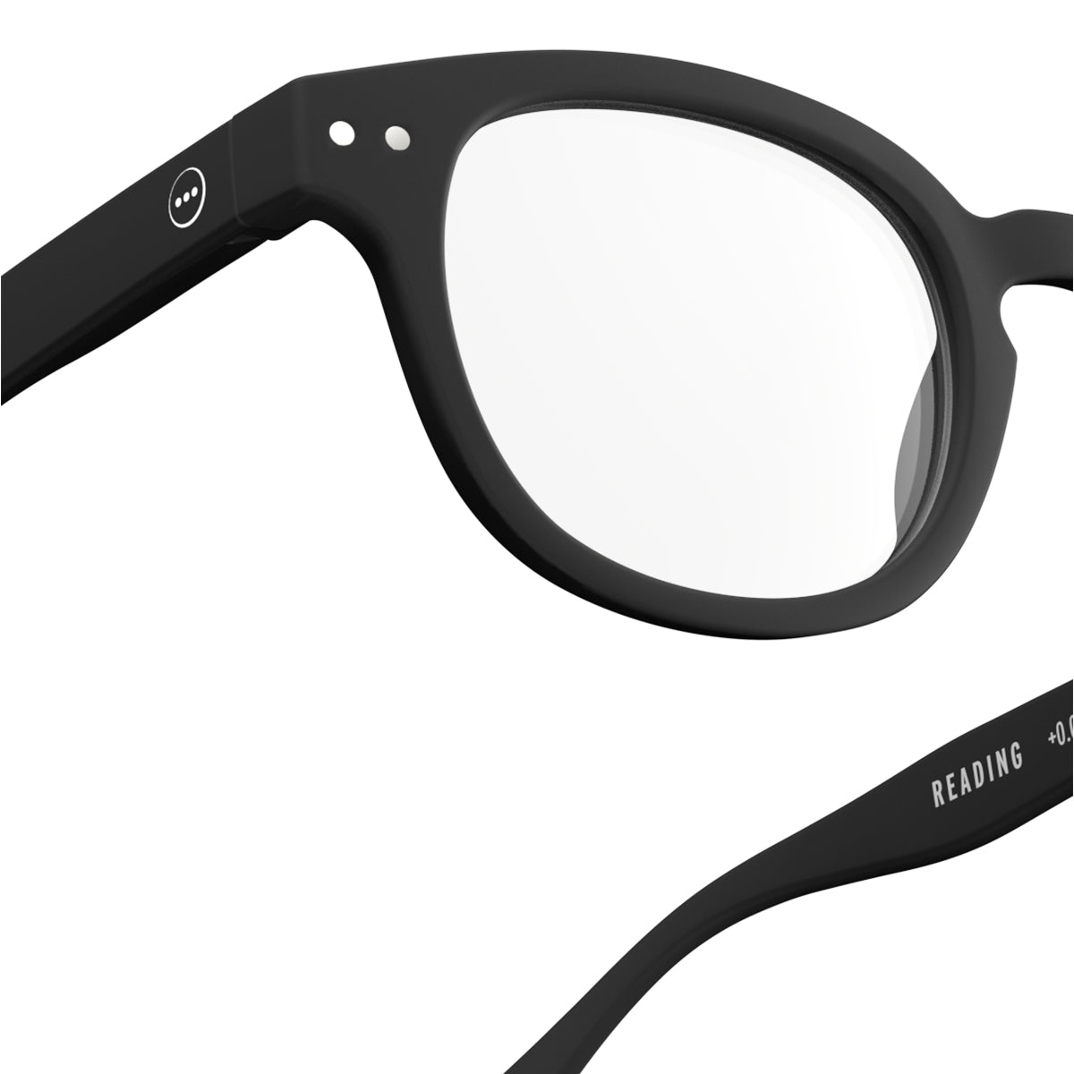 Izipizi shape c black reading glasses close up of front right hand side on white background