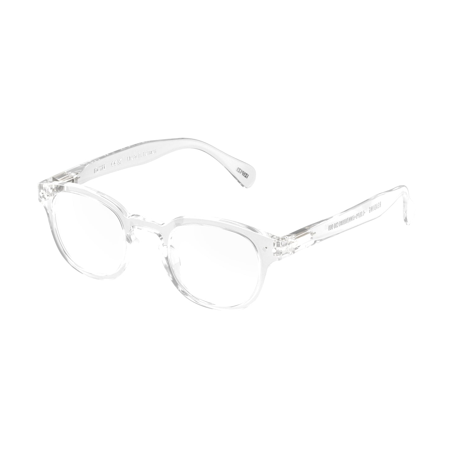 Front plus side view of IZIPIZI Reading Glasses - Crystal Clear - Lightweight Plastic Frame - Flexible Rubber Arms - Unisex Square Shape C - Transparent Readers for Everyday Comfort