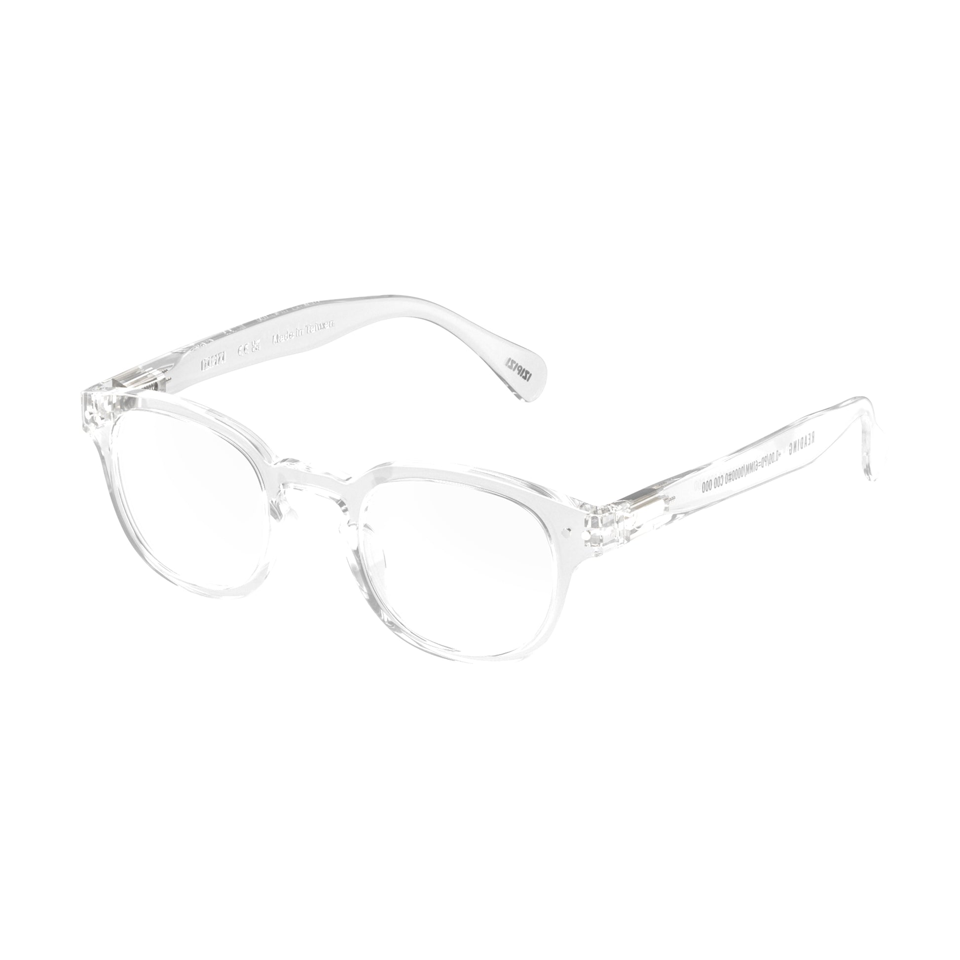 Front plus side view of IZIPIZI Reading Glasses - Crystal Clear - Lightweight Plastic Frame - Flexible Rubber Arms - Unisex Square Shape C - Transparent Readers for Everyday Comfort