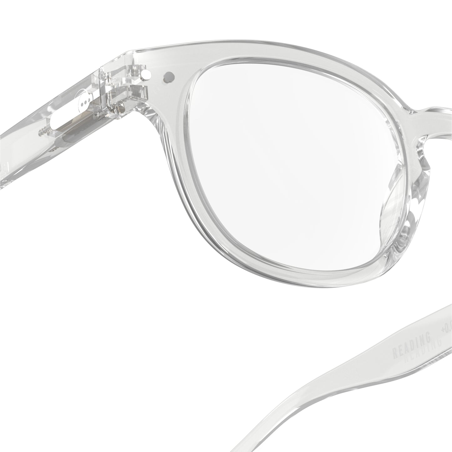 One side front view of IZIPIZI Reading Glasses - Crystal Clear - Lightweight Plastic Frame - Flexible Rubber Arms - Unisex Square Shape C - Transparent Readers for Everyday Comfort
