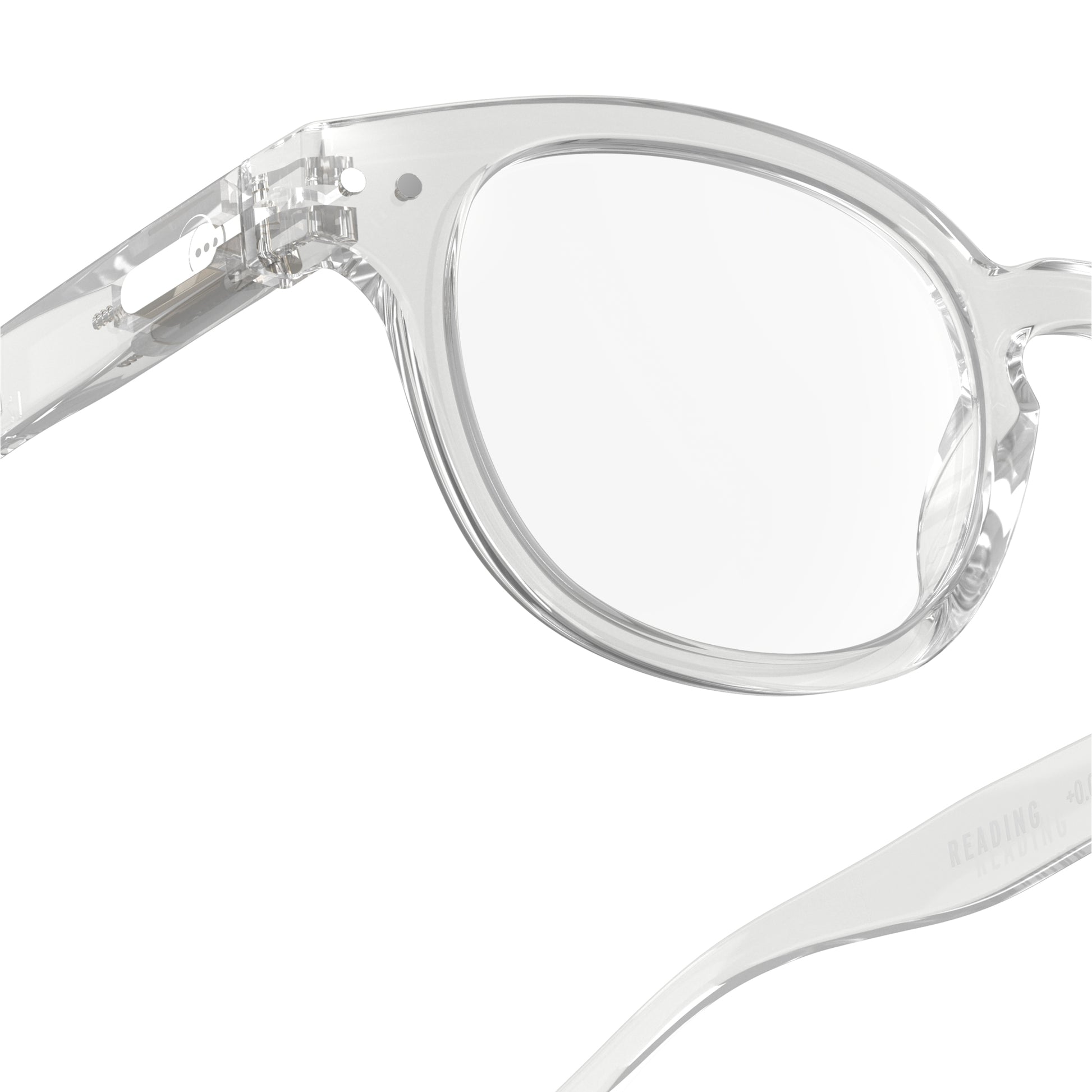 One side front view of IZIPIZI Reading Glasses - Crystal Clear - Lightweight Plastic Frame - Flexible Rubber Arms - Unisex Square Shape C - Transparent Readers for Everyday Comfort