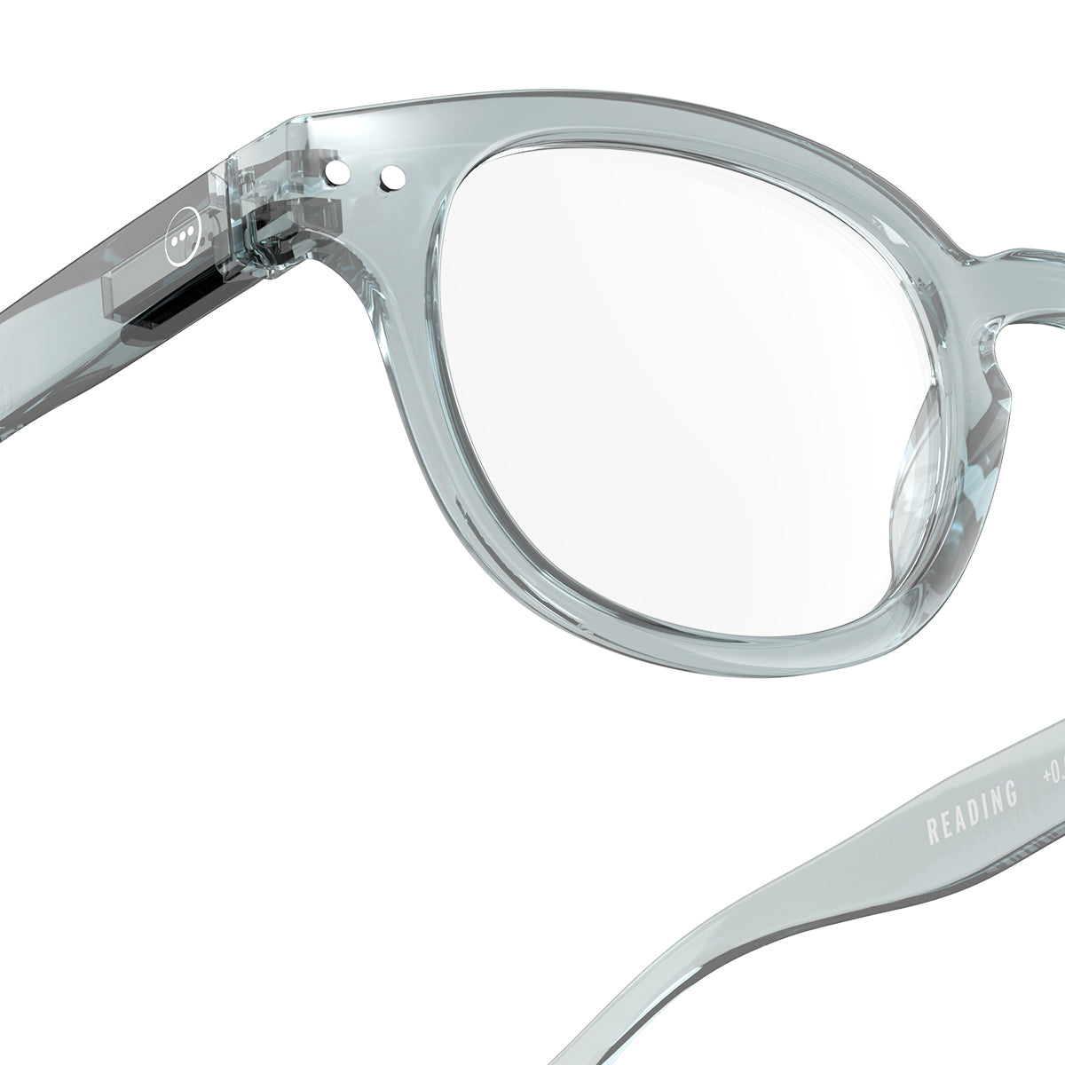 Izipizi shape c frozen blue reading glasses close up of front right hand side on white background