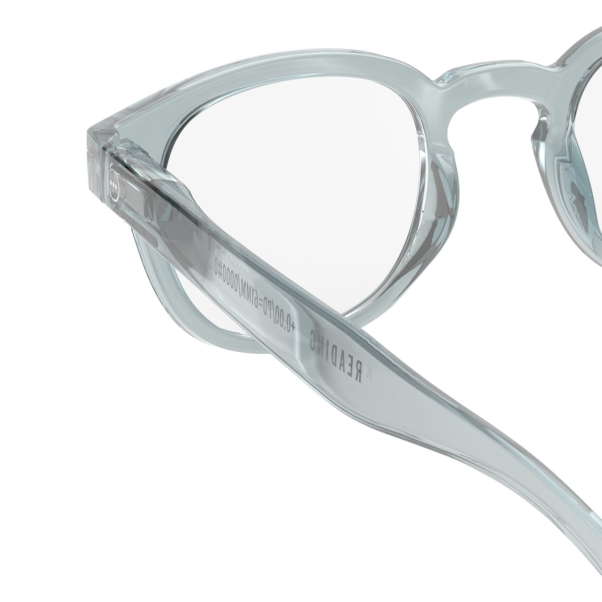 Izipizi shape c frozen blue reading glasses close up of back left hand side on white background