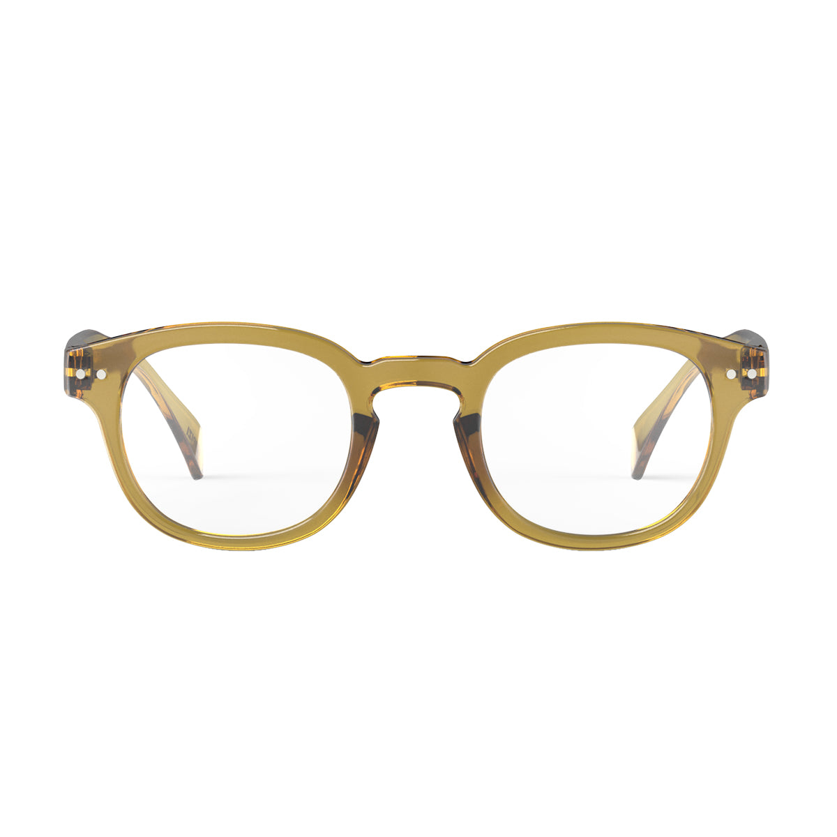 Izipizi shape c golden green reading glasses fon an angle on white background
