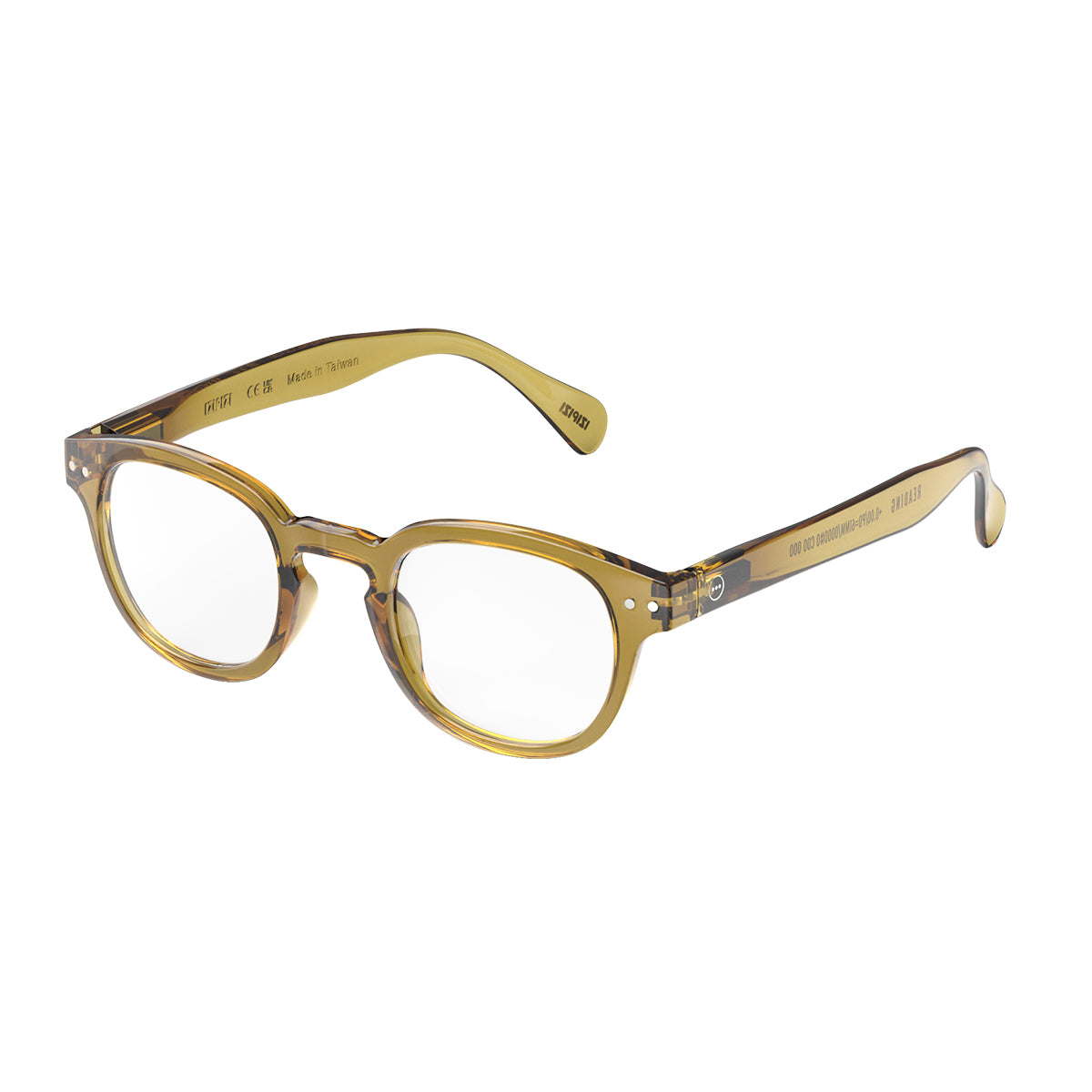 Izipizi shape c golden green reading glasses close up of front right hand side on white background