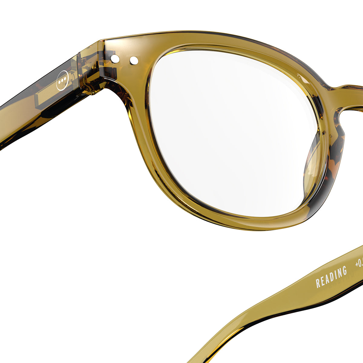 Izipizi shape c golden green reading glasses close up of back left hand side on white background