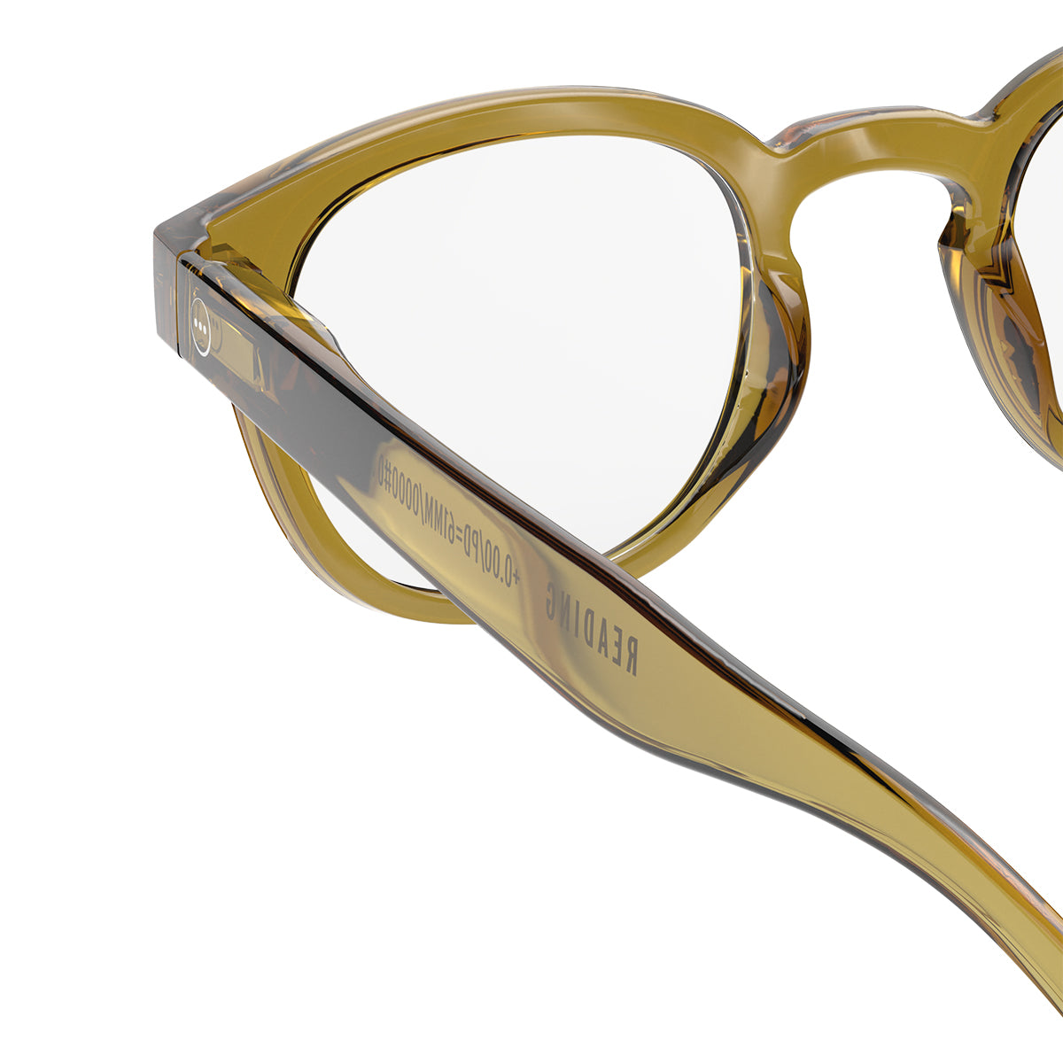 Izipizi shape c golden green reading glasses close up of back left hand side on white background