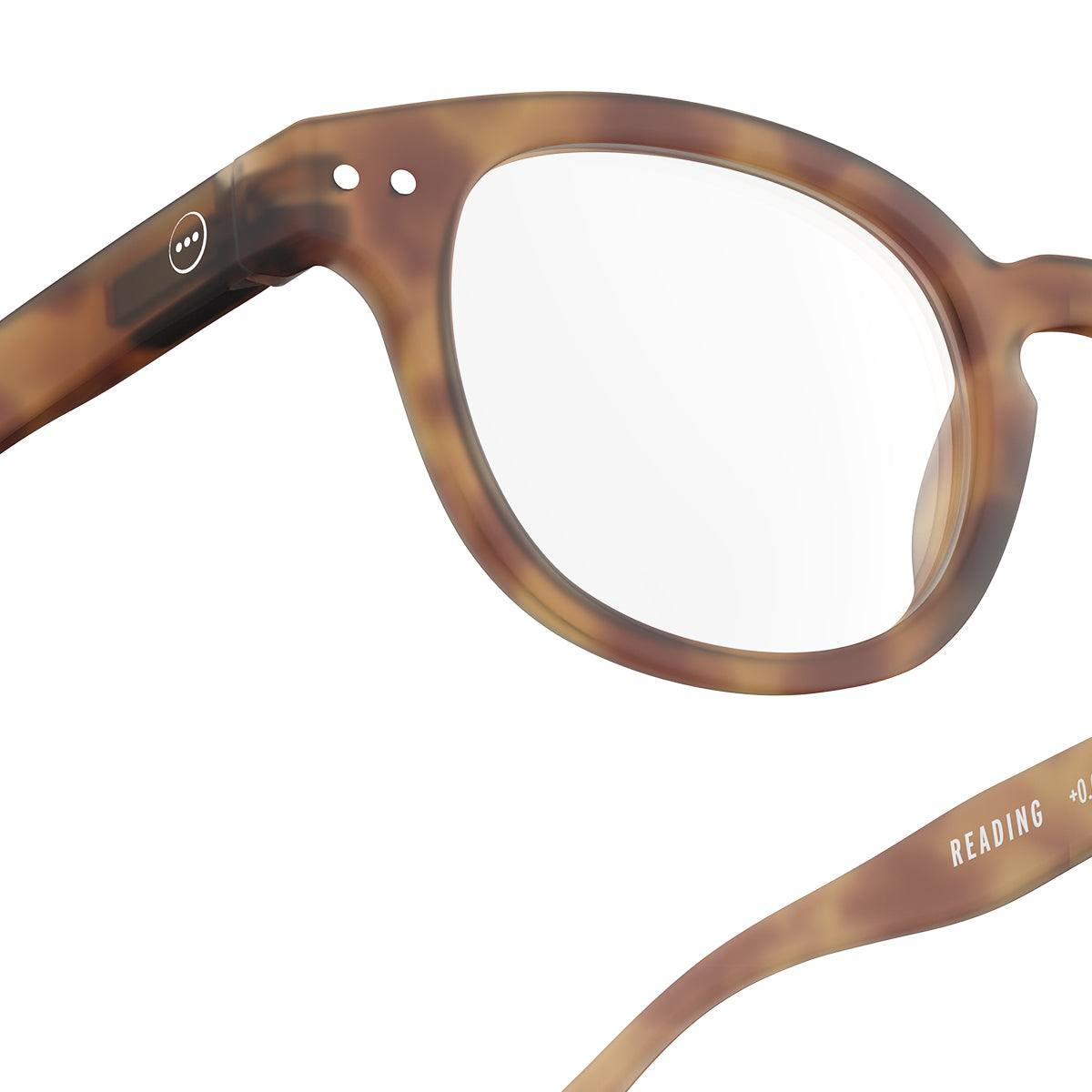 One side close up front view of IZIPIZI Reading Glasses - Havane Brown - Lightweight Plastic Frame - Flexible Rubber Arms - Unisex Square Shape C - Stylish and Comfortable Readers for Everyday Use