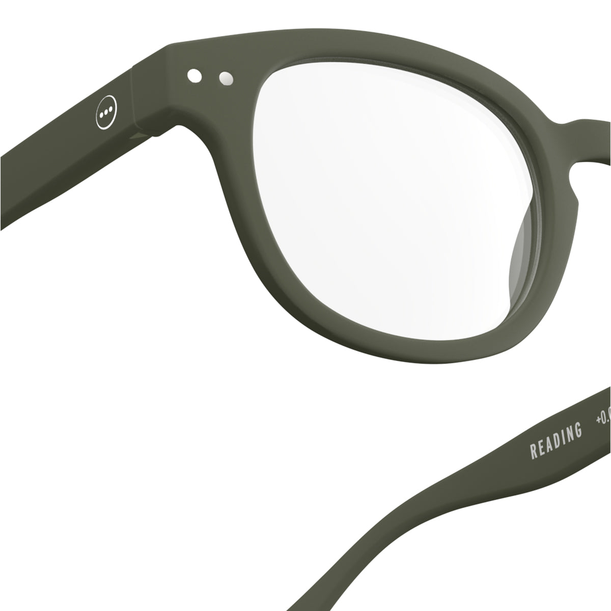 One side close up front view of IZIPIZI Reading Glasses - Khaki Green - Lightweight Plastic Frame - Flexible Rubber Arms - Unisex Square Shape C - Stylish Readers for Daily Vision Support