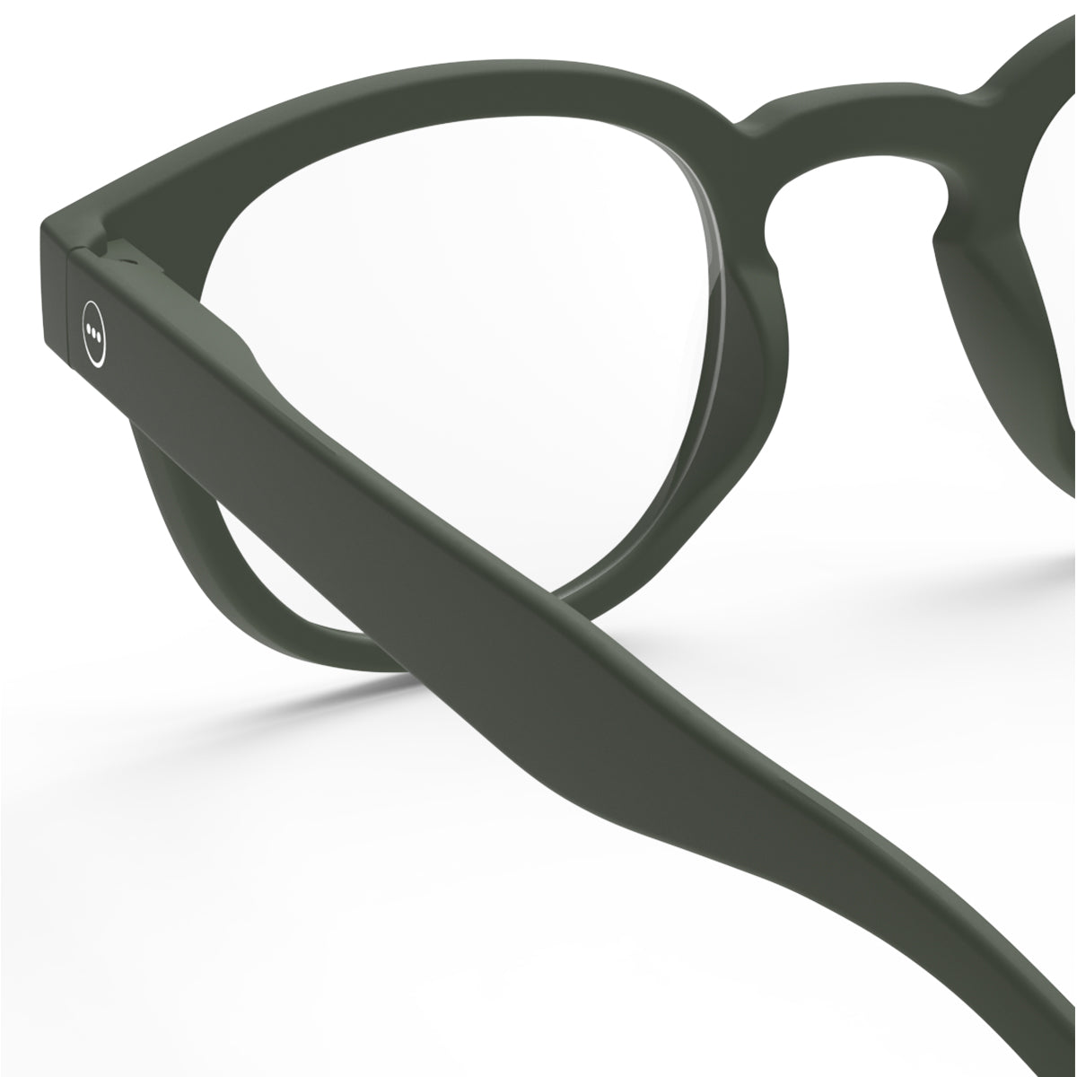 One side close up back view of IZIPIZI Reading Glasses - Khaki Green - Lightweight Plastic Frame - Flexible Rubber Arms - Unisex Square Shape C - Stylish Readers for Daily Vision Support