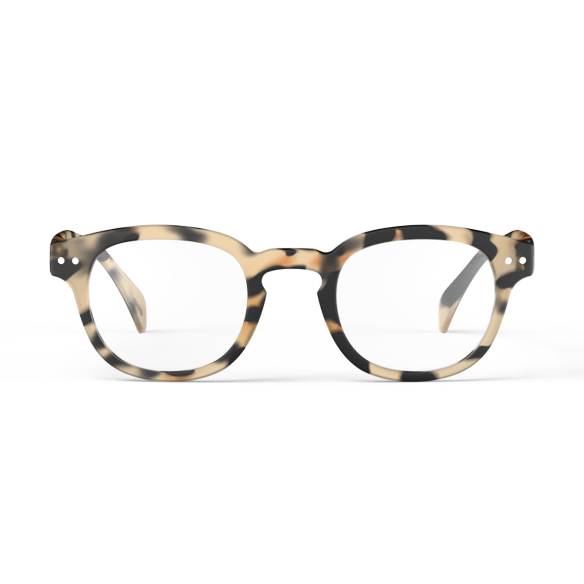 Izipizi shape c light tortoise reading glasses fon an angle on white background