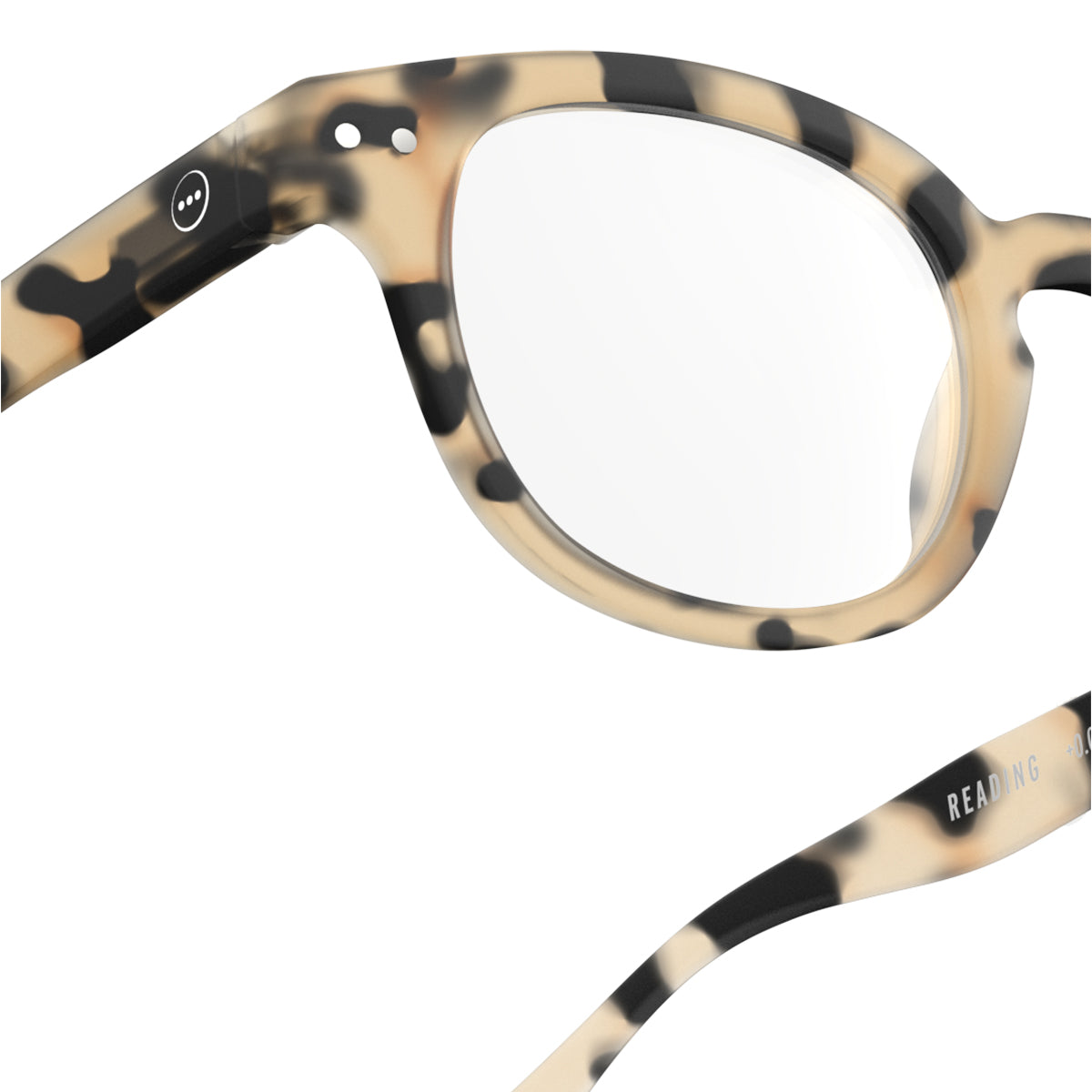 Izipizi shape c light tortoise reading glasses close up of back left hand side on white background