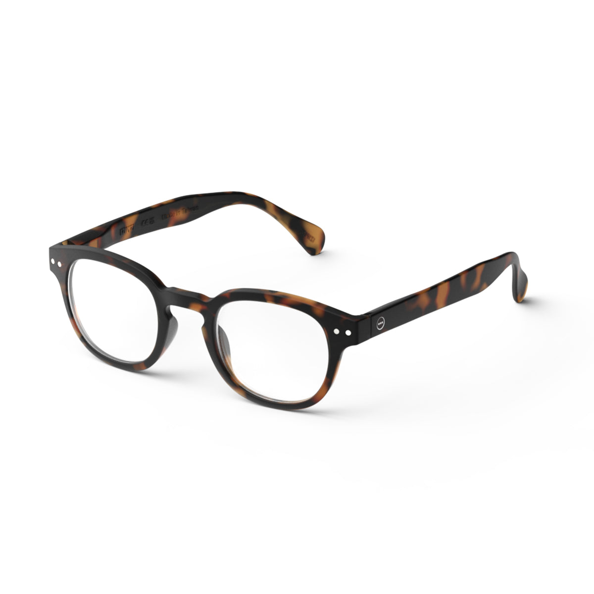 Izipizi shape c tortoise reading glasses fon an angle on white background