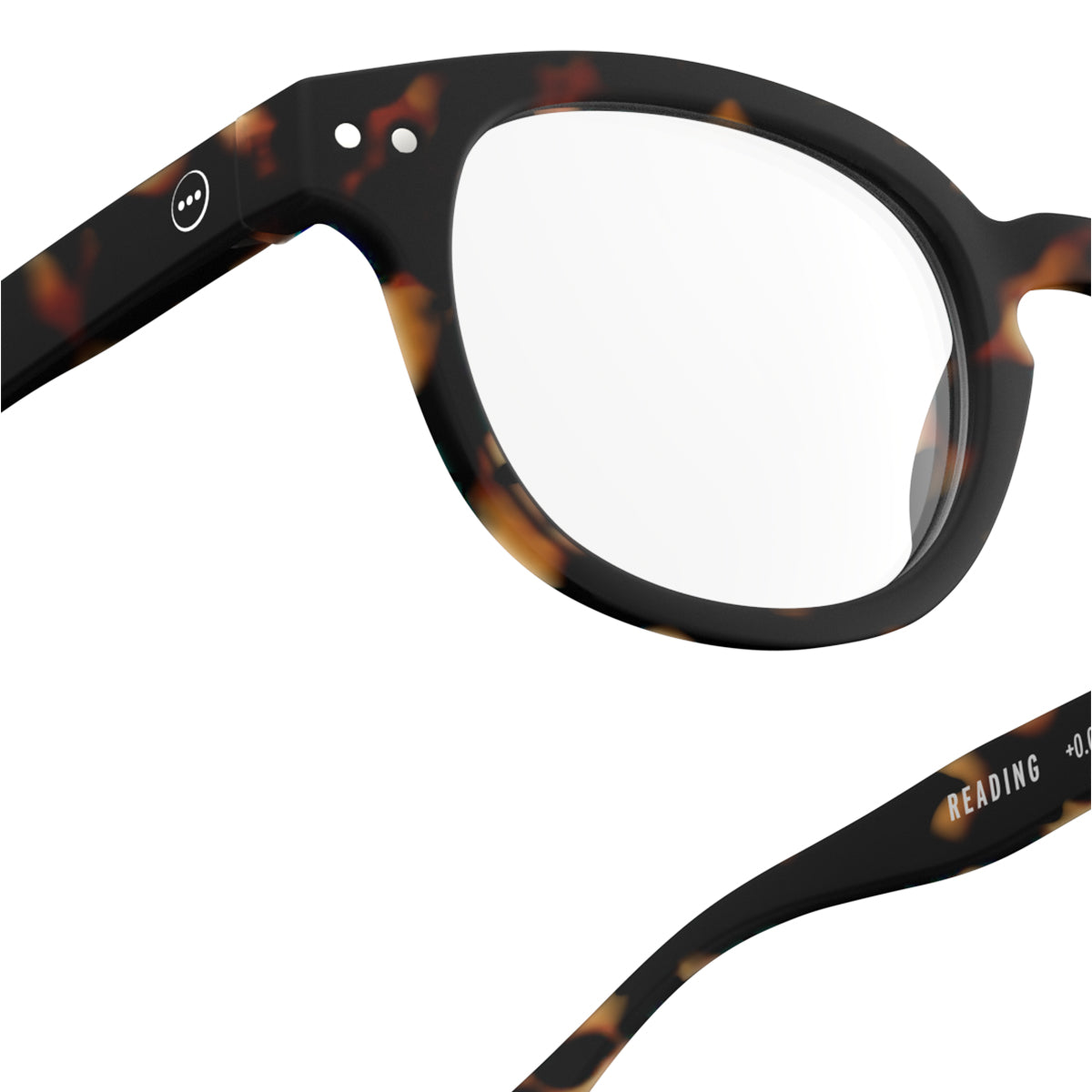 Izipizi shape c tortoise reading glasses close up of front right hand side on white background