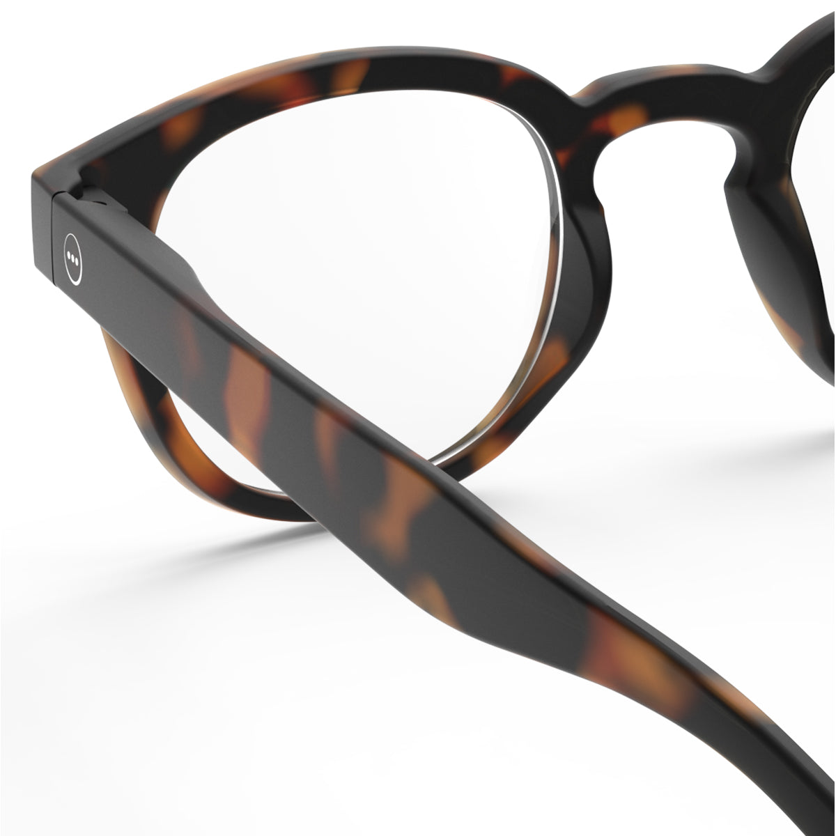 Izipizi shape c tortoise reading glasses close up of back left hand side on white background