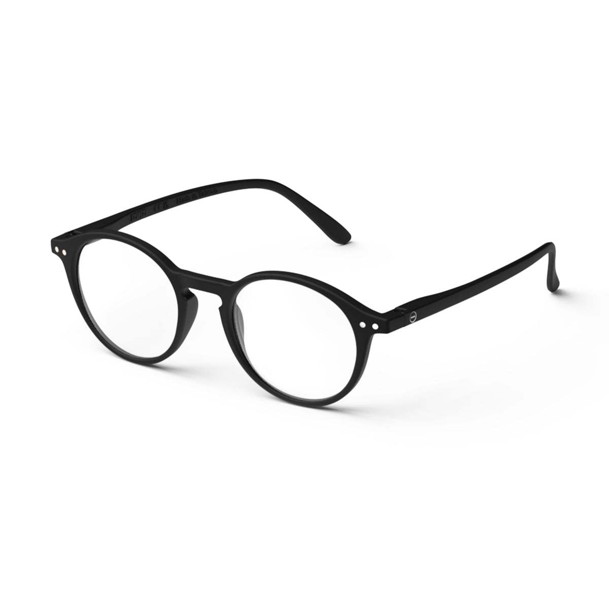 Izipizi shape d black reading glasses fon an angle on white background