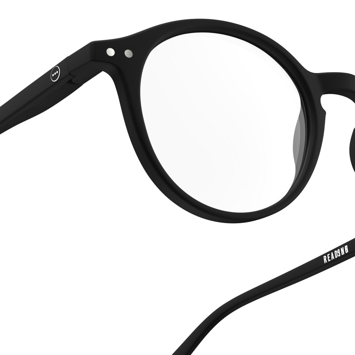 Izipizi shape d black reading glasses close up of front right hand side on white background