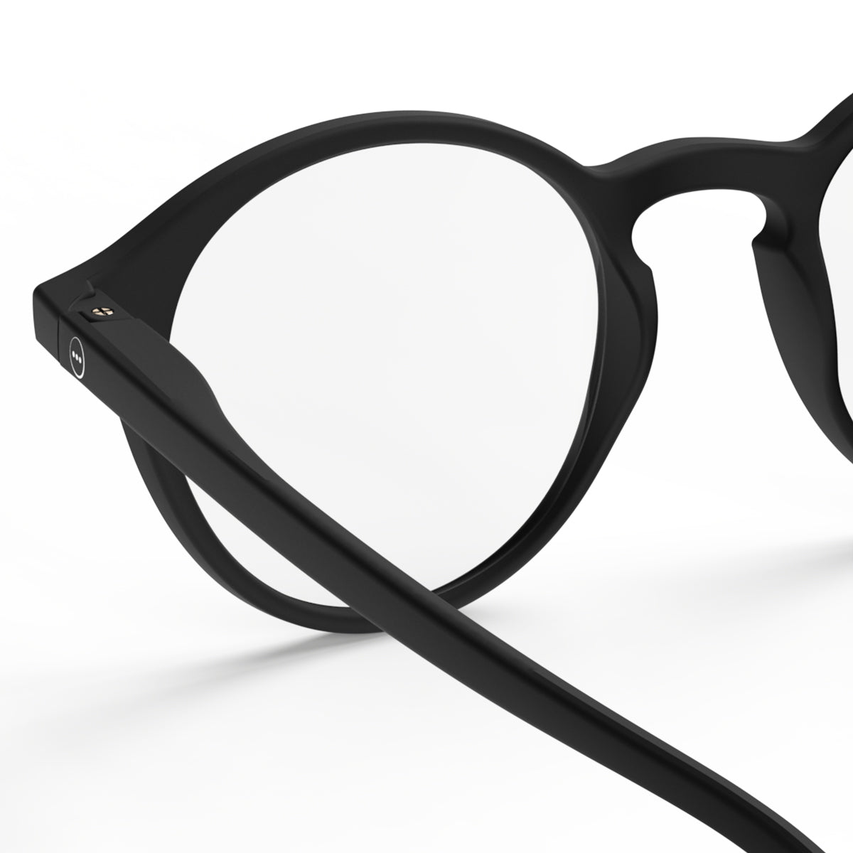 Izipizi shape d black reading glasses close up of back left hand side on white background