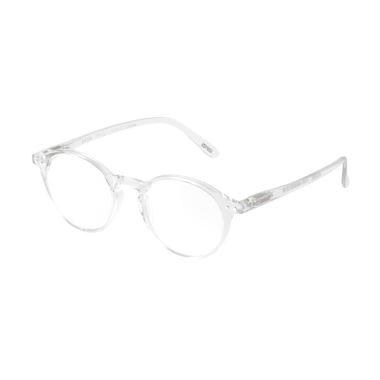 Front side view of IZIPIZI Reading Glasses - Crystal Clear - Lightweight Plastic Frame - Flexible Rubber Arms - Unisex Round Shape D - Stylish Transparent Readers for Everyday Vision Comfort