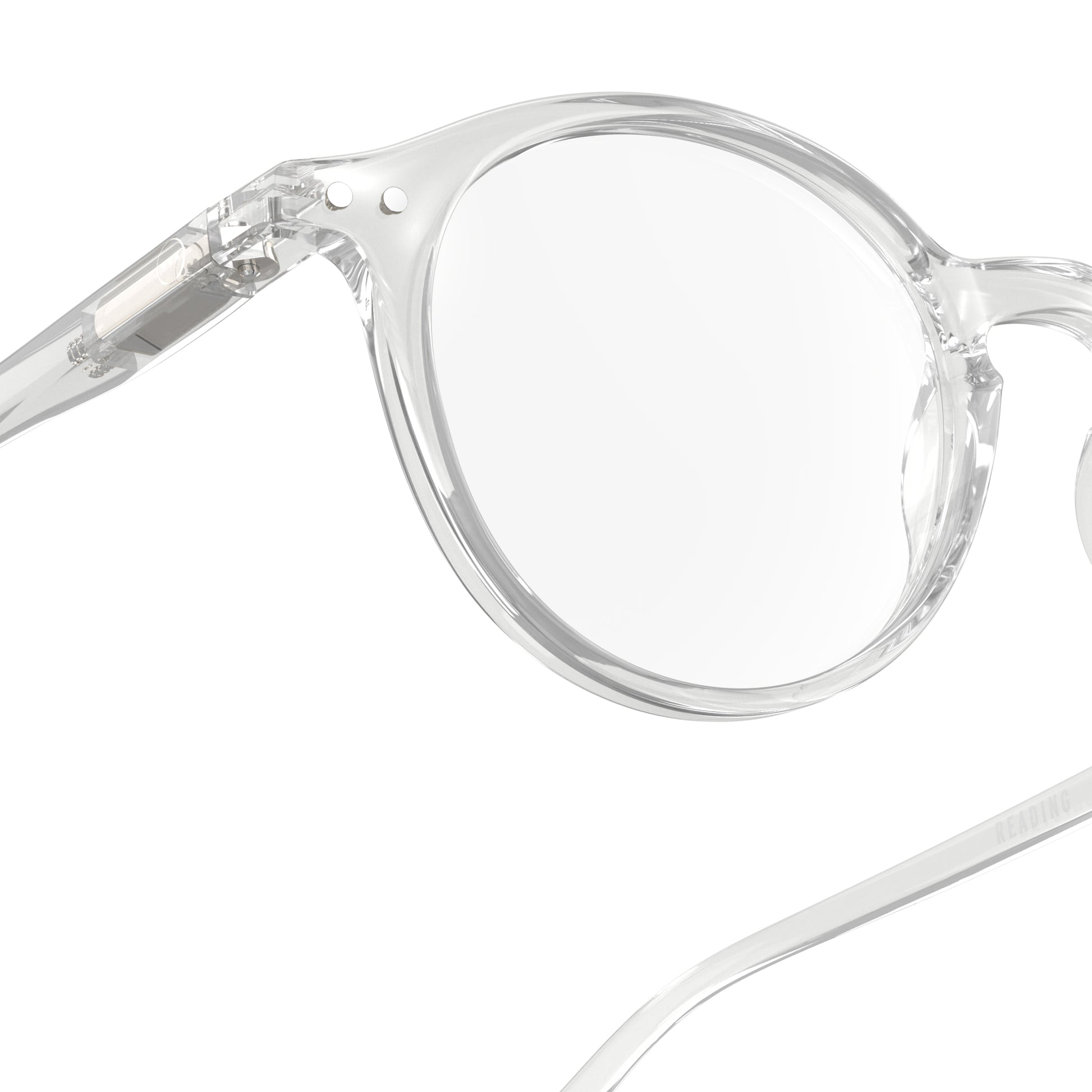 One part front view of IZIPIZI Reading Glasses - Crystal Clear - Lightweight Plastic Frame - Flexible Rubber Arms - Unisex Round Shape D - Stylish Transparent Readers for Everyday Vision Comfort