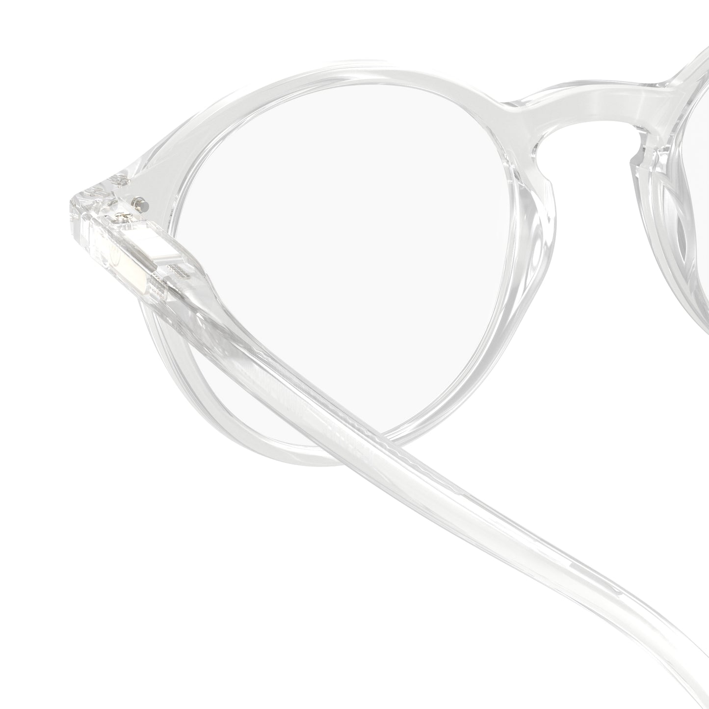 One side back view of IZIPIZI Reading Glasses - Crystal Clear - Lightweight Plastic Frame - Flexible Rubber Arms - Unisex Round Shape D - Stylish Transparent Readers for Everyday Vision Comfort