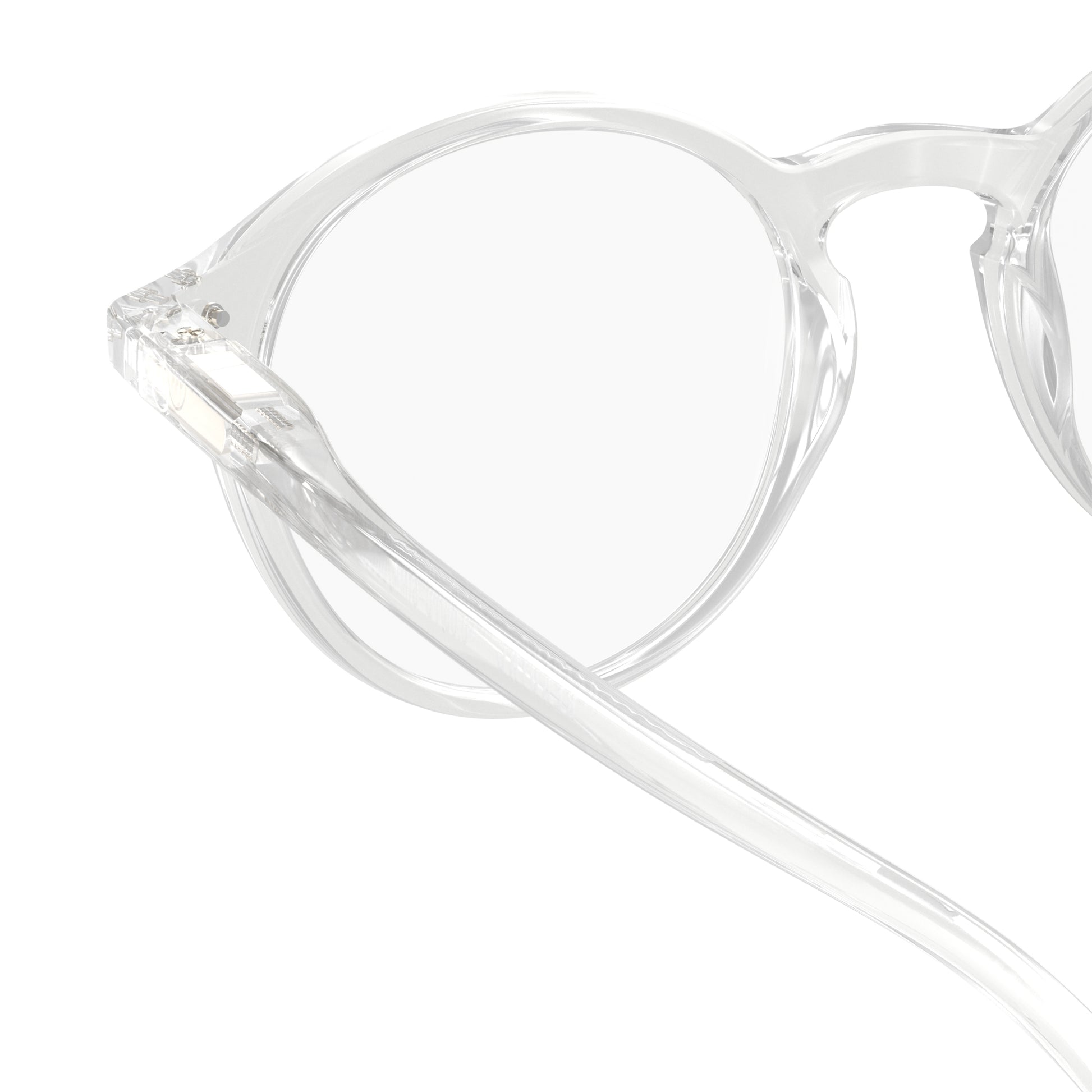 One side back view of IZIPIZI Reading Glasses - Crystal Clear - Lightweight Plastic Frame - Flexible Rubber Arms - Unisex Round Shape D - Stylish Transparent Readers for Everyday Vision Comfort