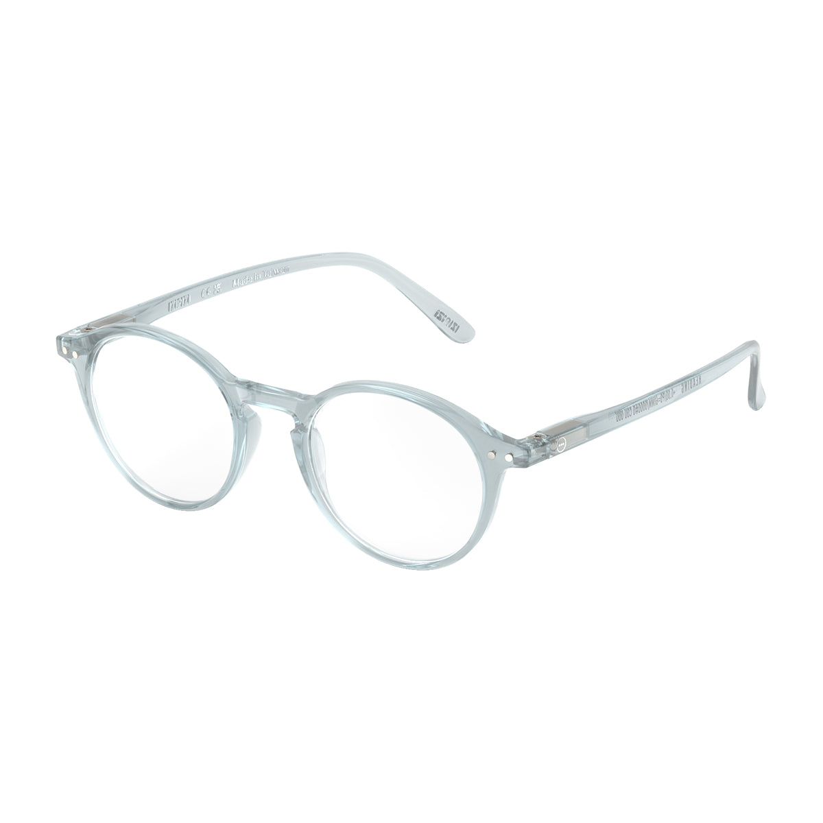 Izipizi shape d frozen blue reading glasses fon an angle on white background