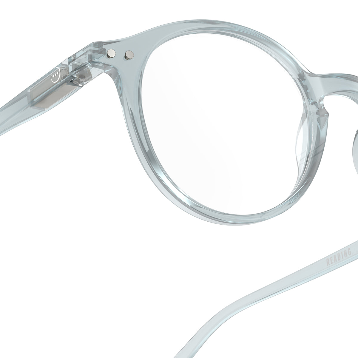 Izipizi shape d frozen blue reading glasses close up of front right hand side on white background