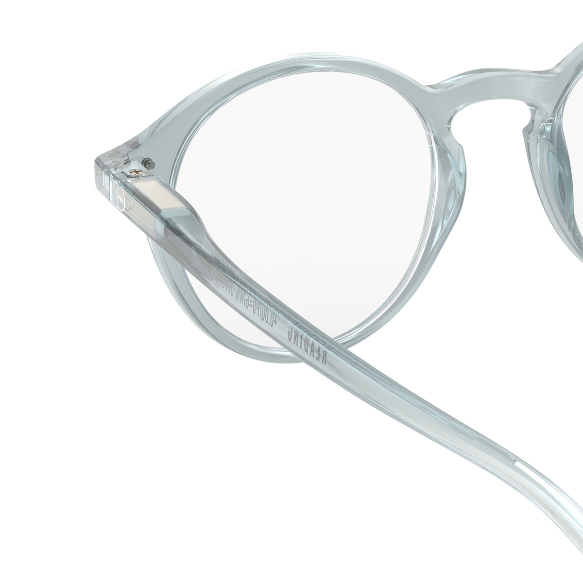 Izipizi shape d frozen blue reading glasses close up of back left hand side on white background