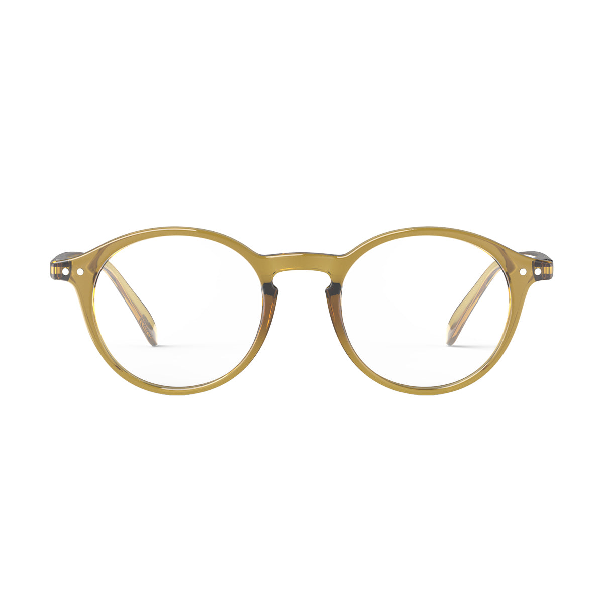 Izipizi shape d golden green reading glasses fon an angle on white background