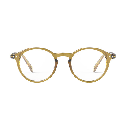 Izipizi shape d golden green reading glasses fon an angle on white background