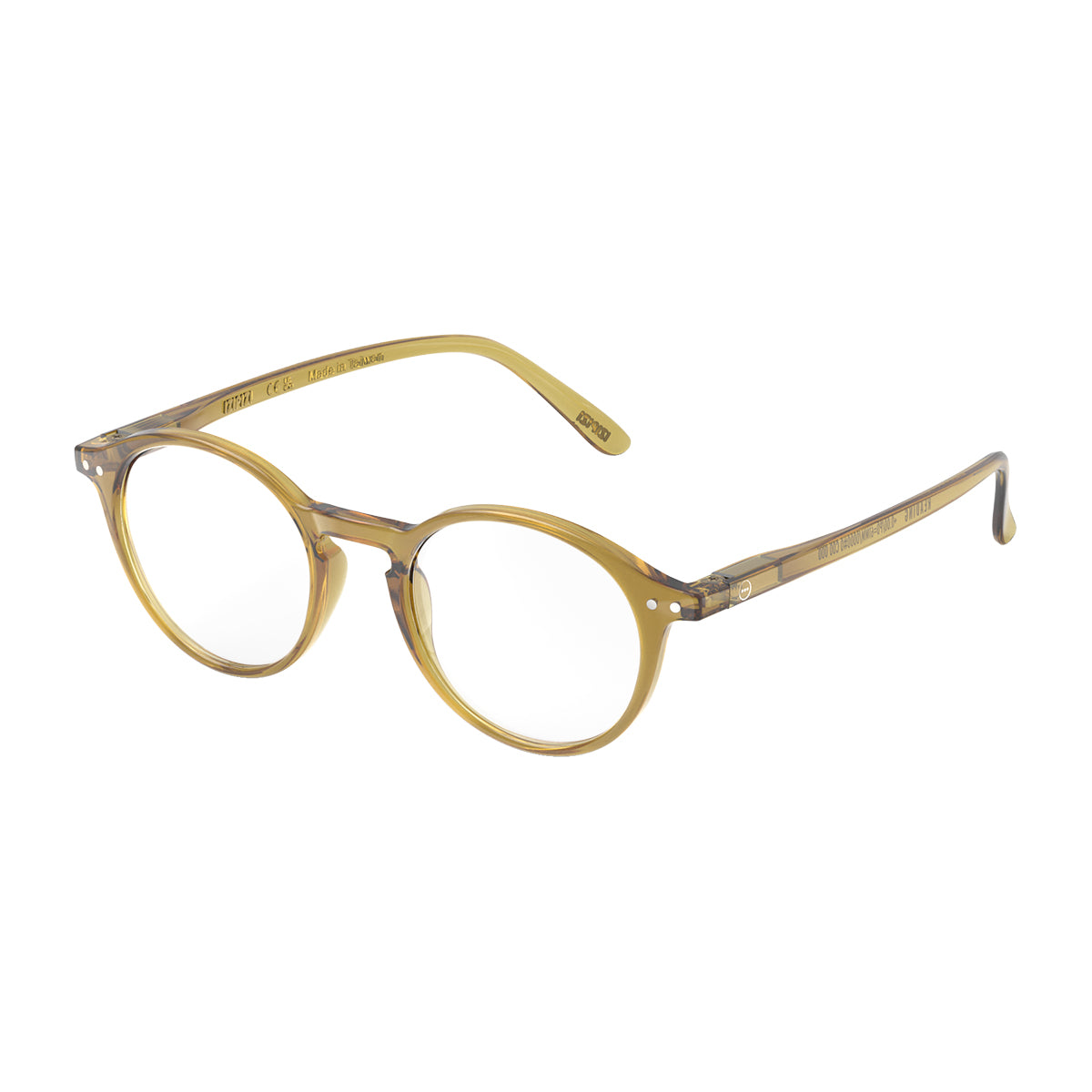 Izipizi shape d golden green reading glasses close up of front right hand side on white background