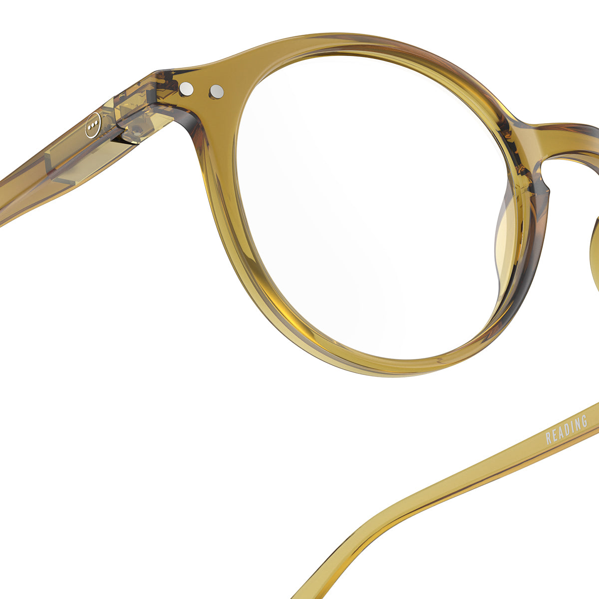 Izipizi shape d golden green reading glasses close up of back left hand side on white background