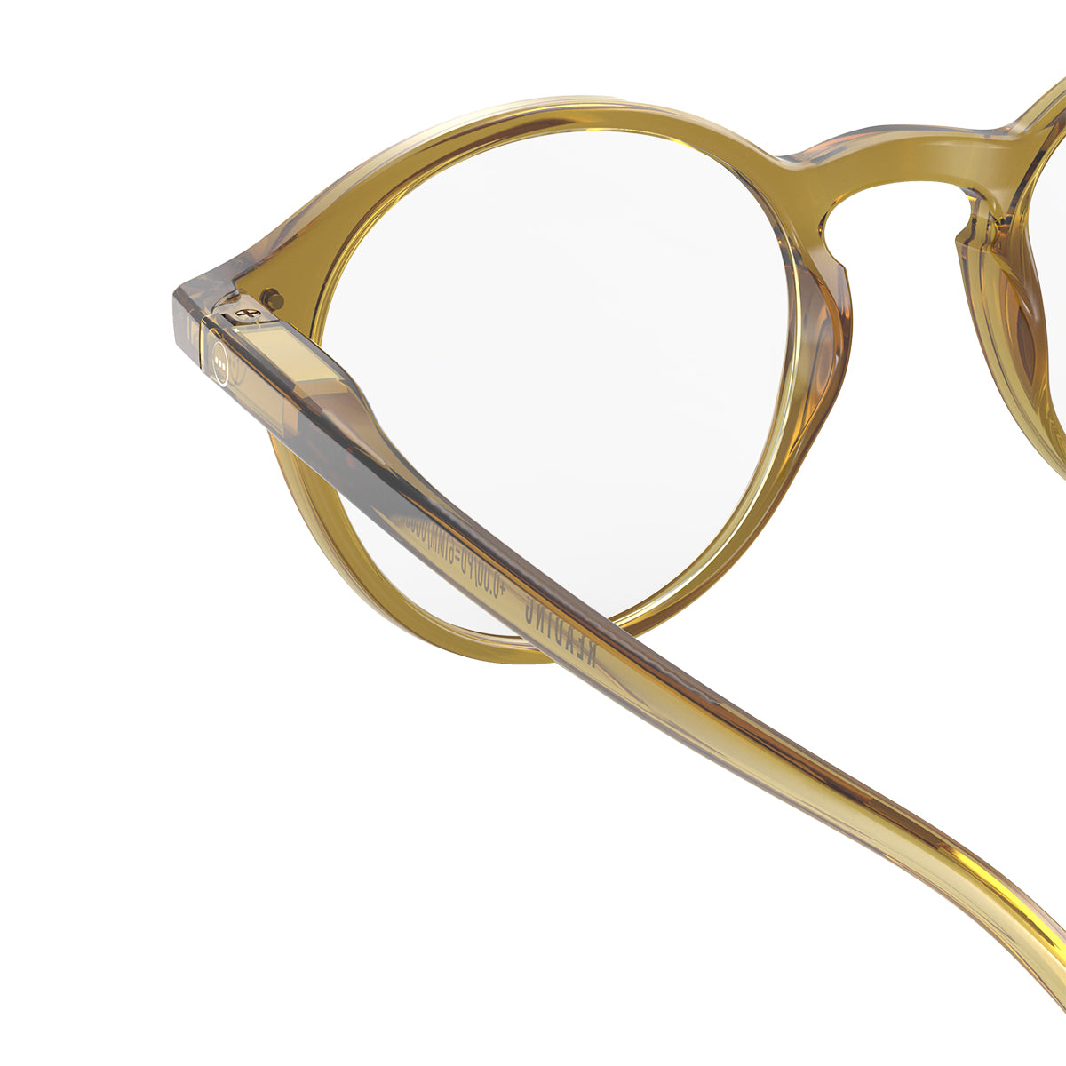 Izipizi shape d golden green reading glasses close up of back left hand side on white background