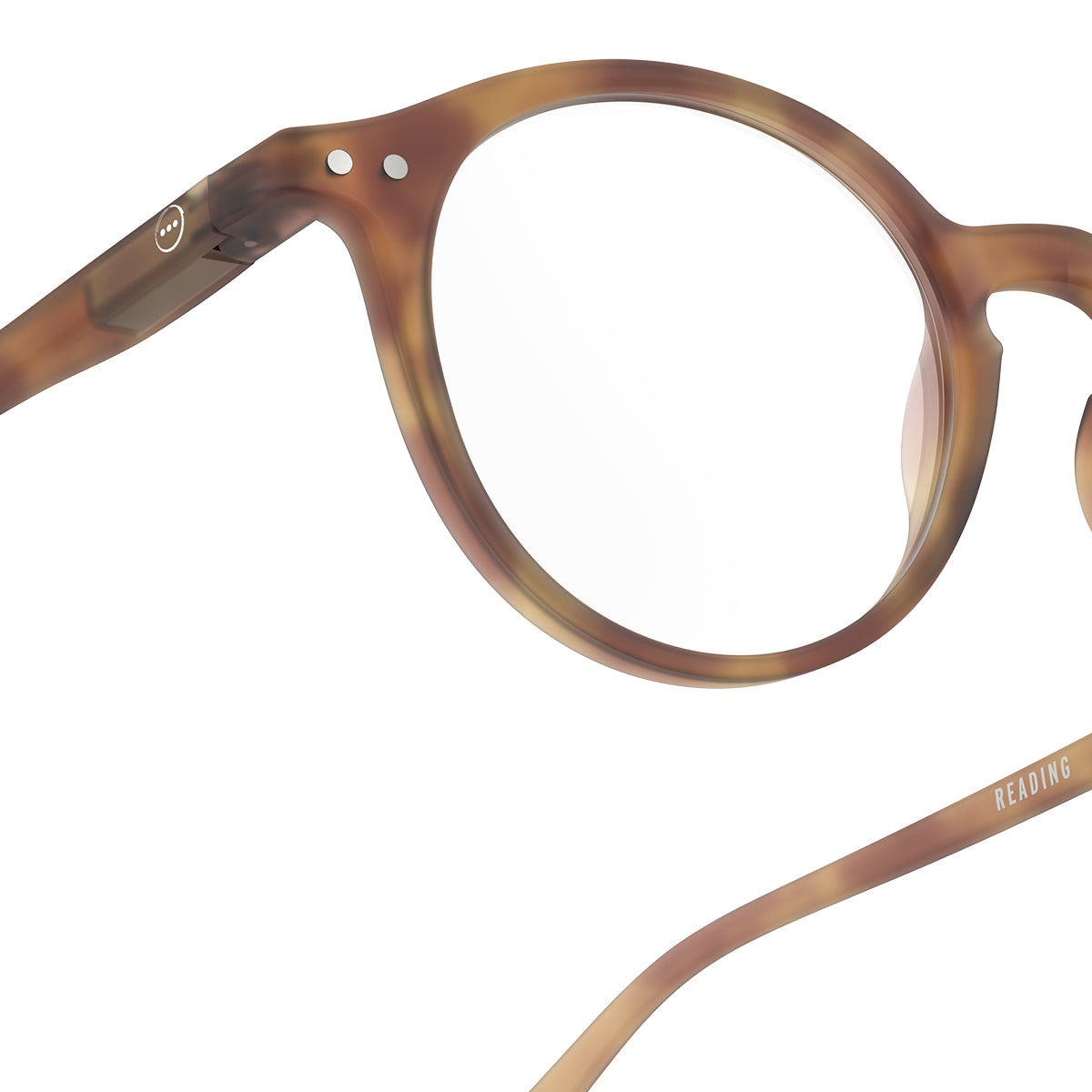 One part upclose front view of IZIPIZI Reading Glasses - Havane Brown - Lightweight Plastic Frame - Flexible Rubber Arms - Unisex Round Shape D - Stylish Readers for Daily Vision Correction and Comfort