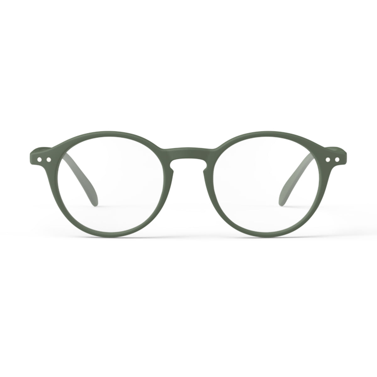 Front view of IZIPIZI Reading Glasses - Khaki Green - Plastic Frame - Flexible Arms - Unisex Round Shape D Lightweight Readers for Everyday Use