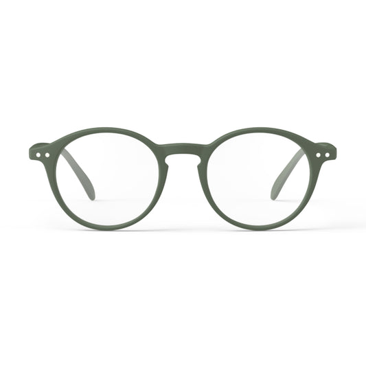 Front view of IZIPIZI Reading Glasses - Khaki Green - Plastic Frame - Flexible Arms - Unisex Round Shape D Lightweight Readers for Everyday Use