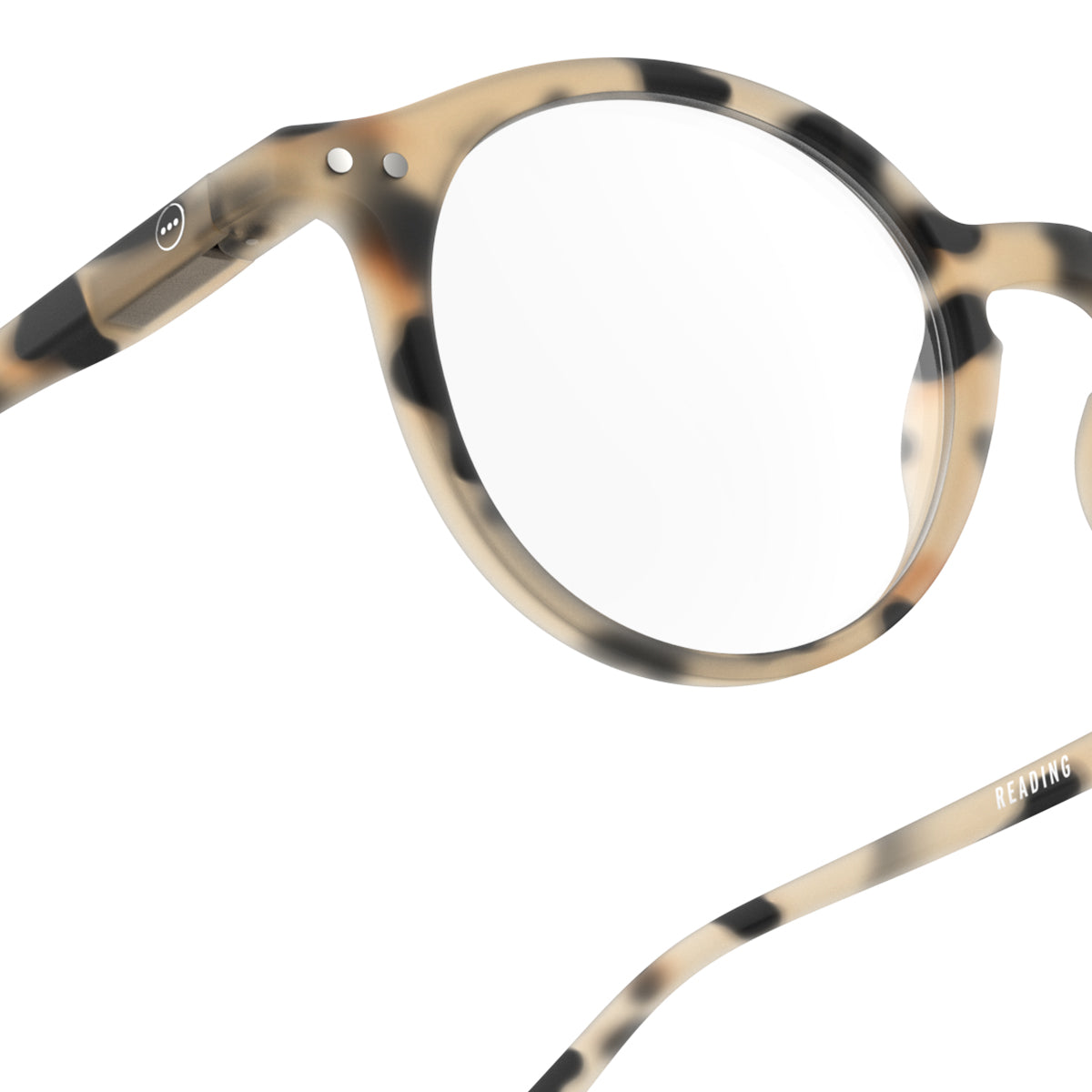 Izipizi shape d light tortoise reading glasses close up of front right hand side on white background