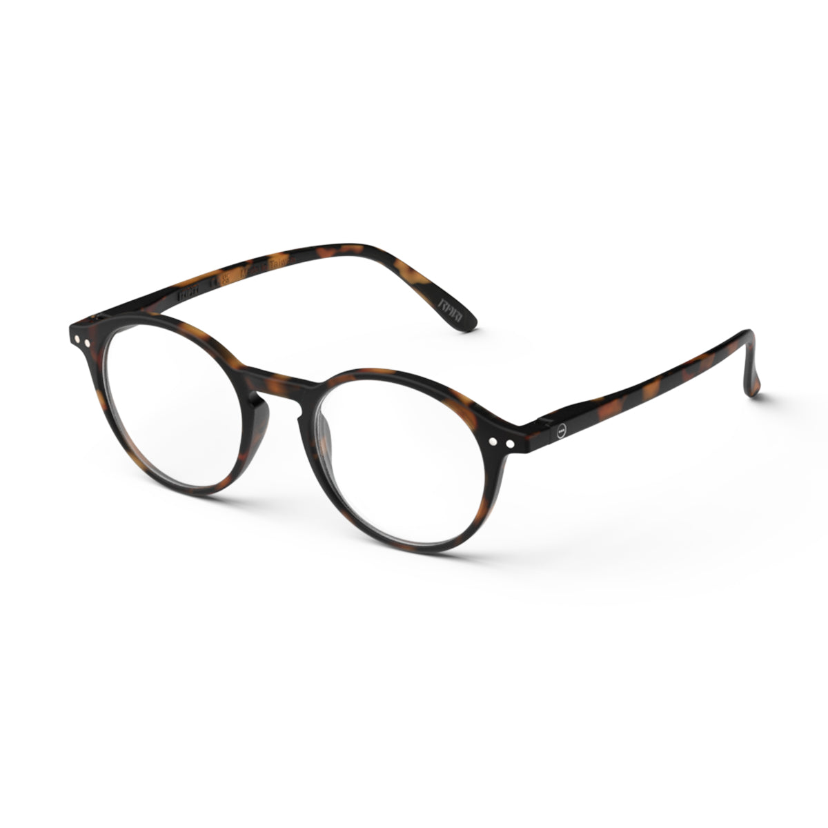 Izipizi shape d light tortoise reading glasses close up of back left hand side on white background