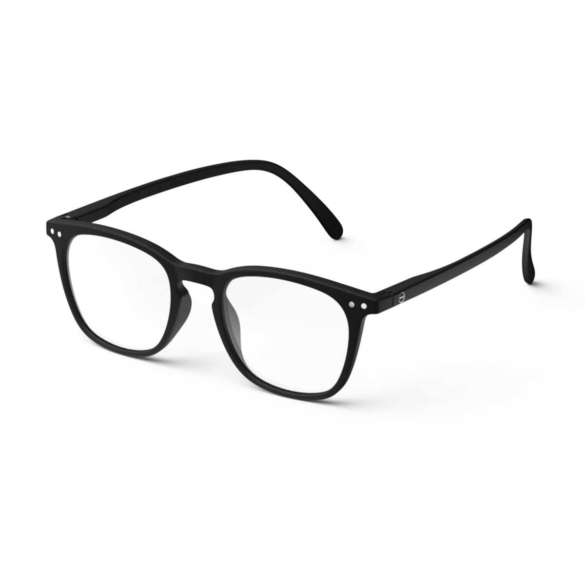 Izipizi shape e black reading glasses on an angle on white background