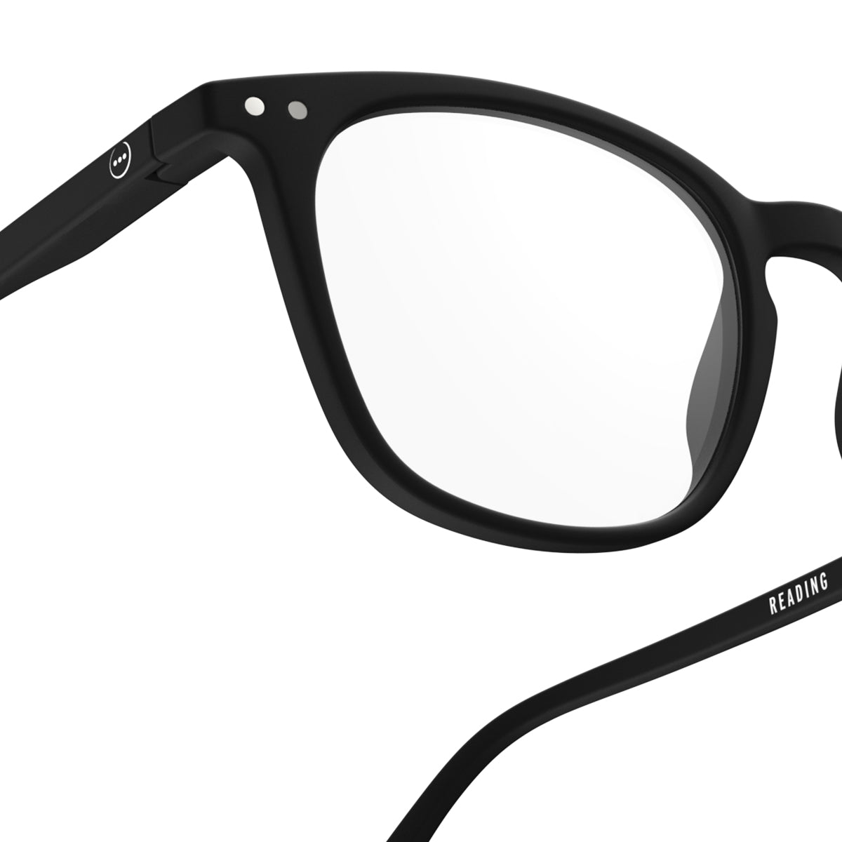 Izipizi shape d black reading glasses close up of front right hand side on white background