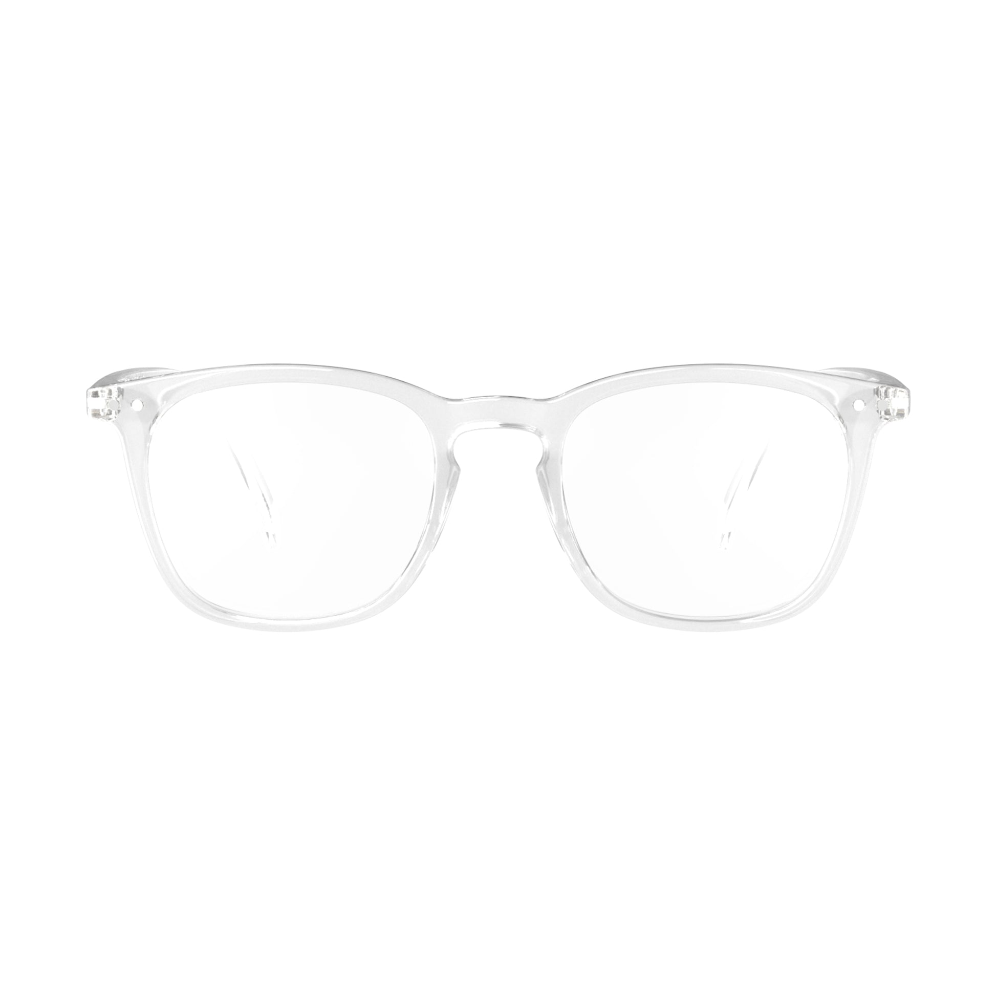 Front view of IZIPIZI Reading Collection E Crystal reading glasses with lightweight rubber-textured frame and flexible spring hinges - unisex trapezium-shaped eyewear for clear, comfortable reading in a modern transparent design.