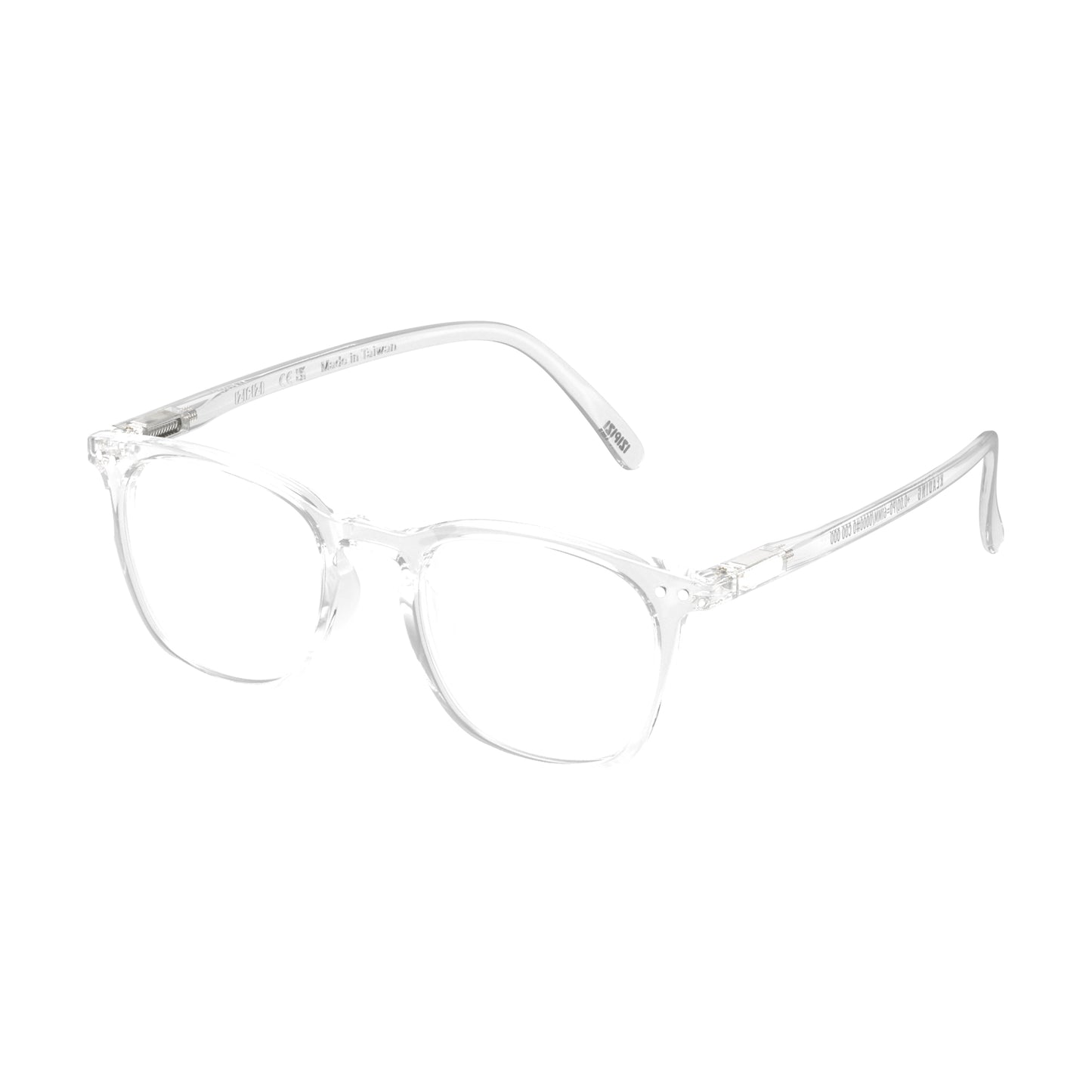 Front side view of IZIPIZI Reading Collection E Crystal reading glasses with lightweight rubber-textured frame and flexible spring hinges - unisex trapezium-shaped eyewear for clear, comfortable reading in a modern transparent design.