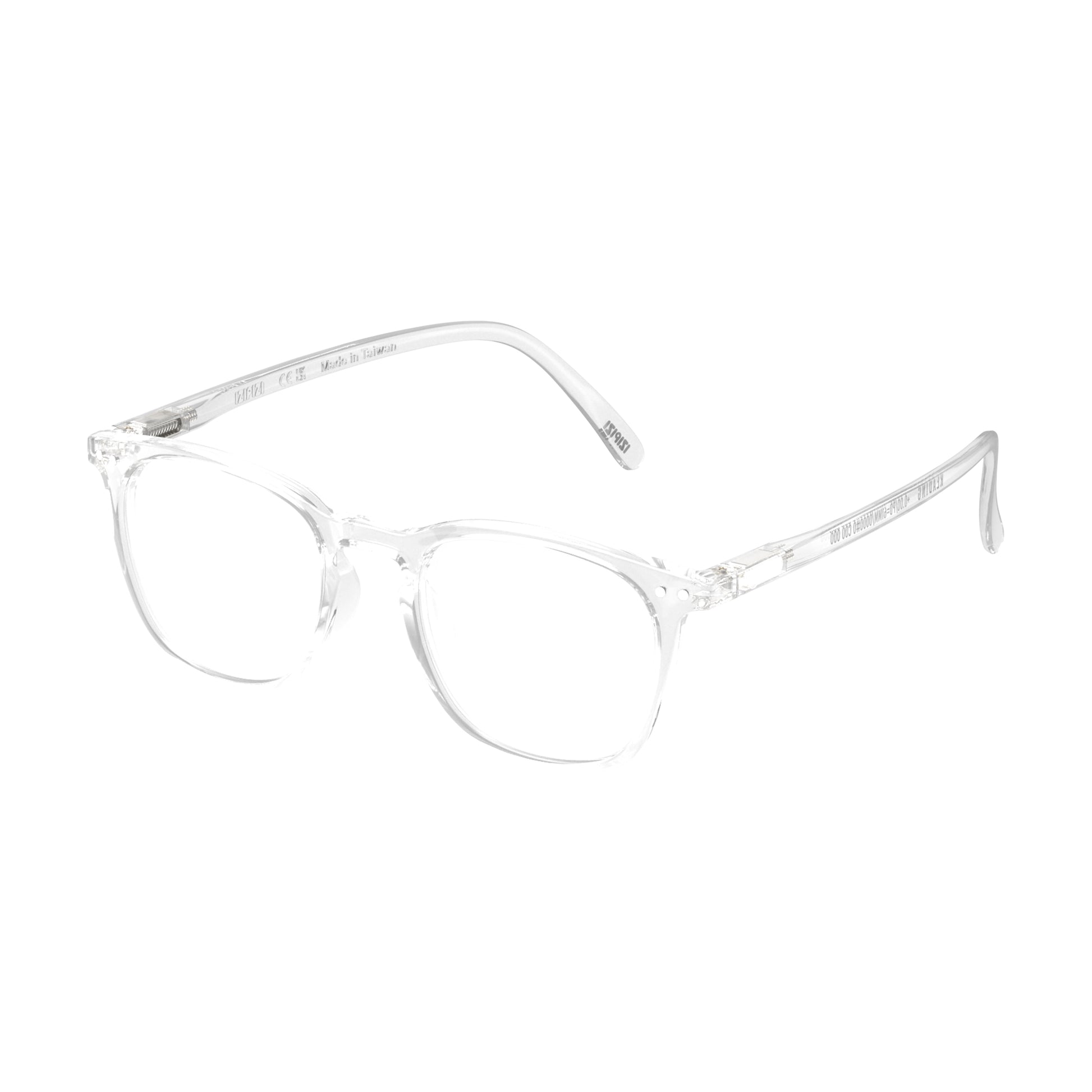 Front side view of IZIPIZI Reading Collection E Crystal reading glasses with lightweight rubber-textured frame and flexible spring hinges - unisex trapezium-shaped eyewear for clear, comfortable reading in a modern transparent design.