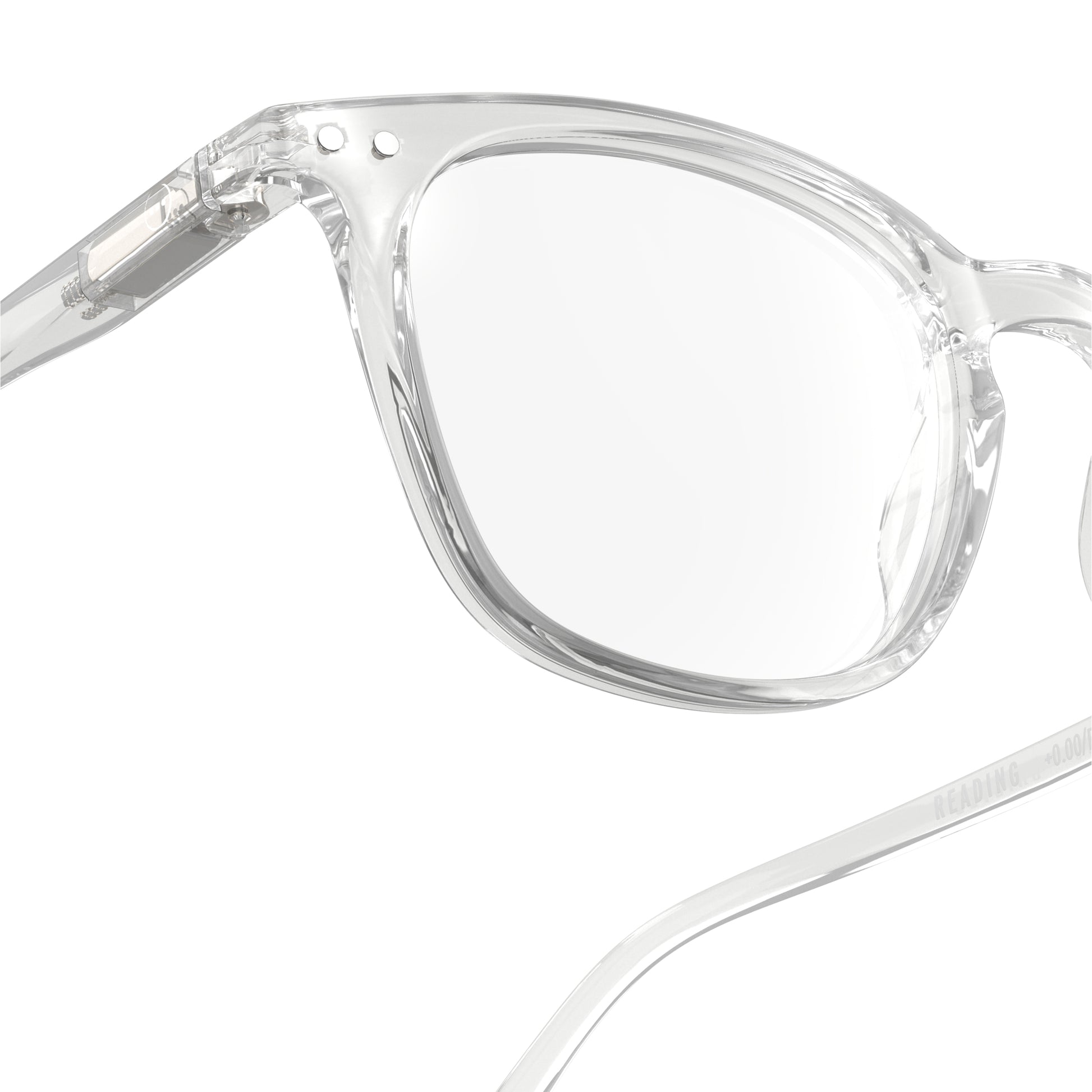 One part front view of IZIPIZI Reading Collection E Crystal reading glasses with lightweight rubber-textured frame and flexible spring hinges - unisex trapezium-shaped eyewear for clear, comfortable reading in a modern transparent design.